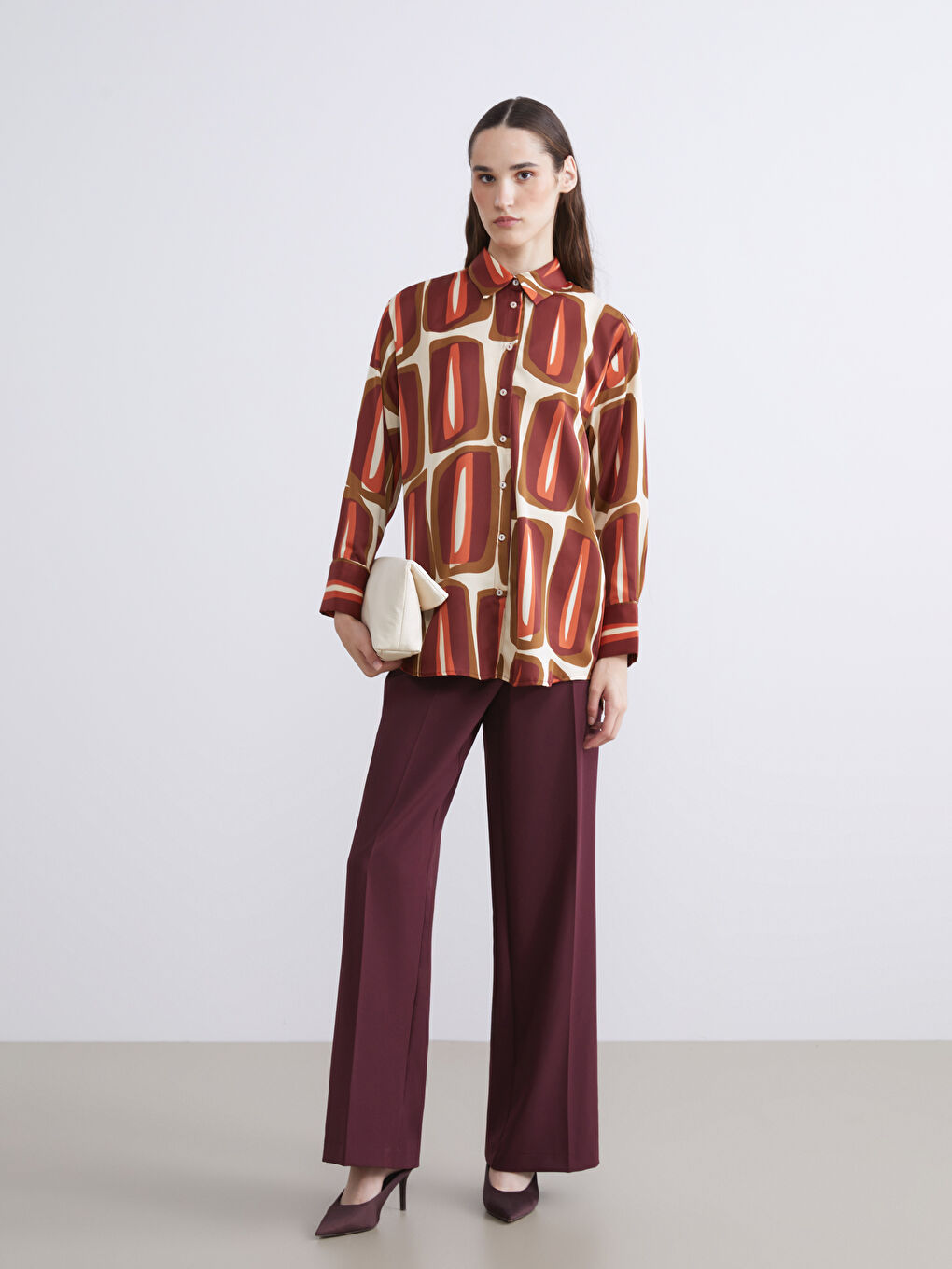 Turuncu Desenli Saten Kadın Gömlek Tunik-1