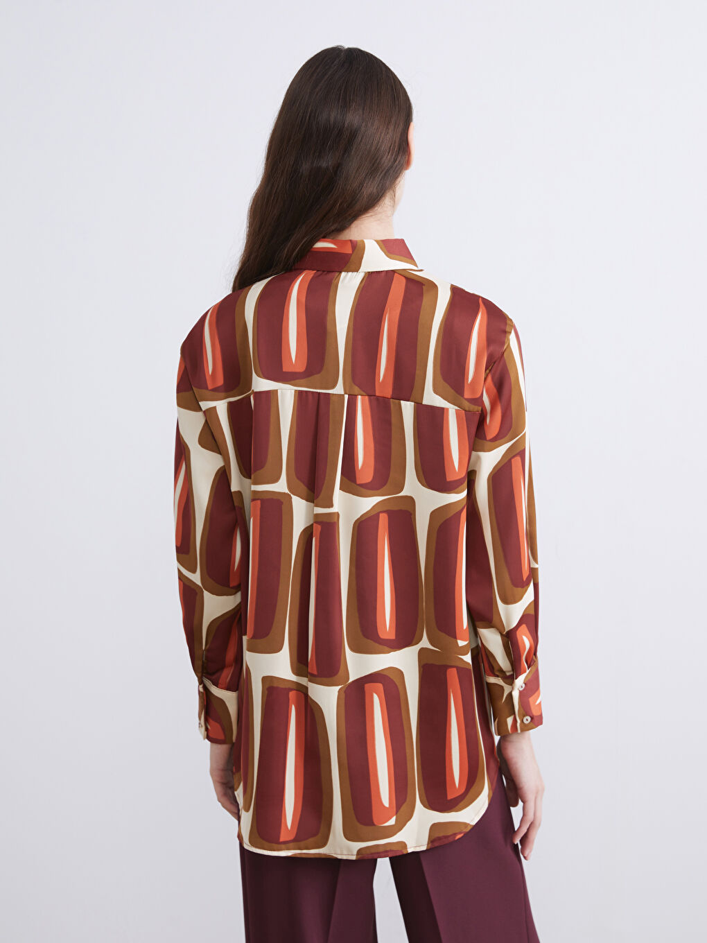 Turuncu Desenli Saten Kadın Gömlek Tunik-3