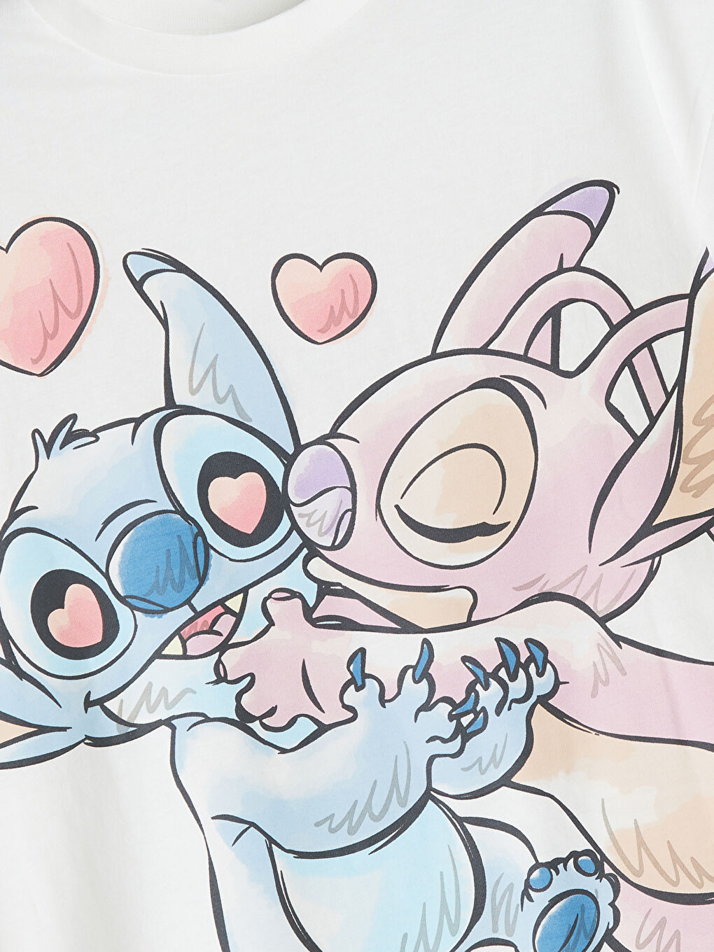 Ekru Bisiklet Yaka Stitch ve Angel Baskılı Kız Çocuk Tişört-1