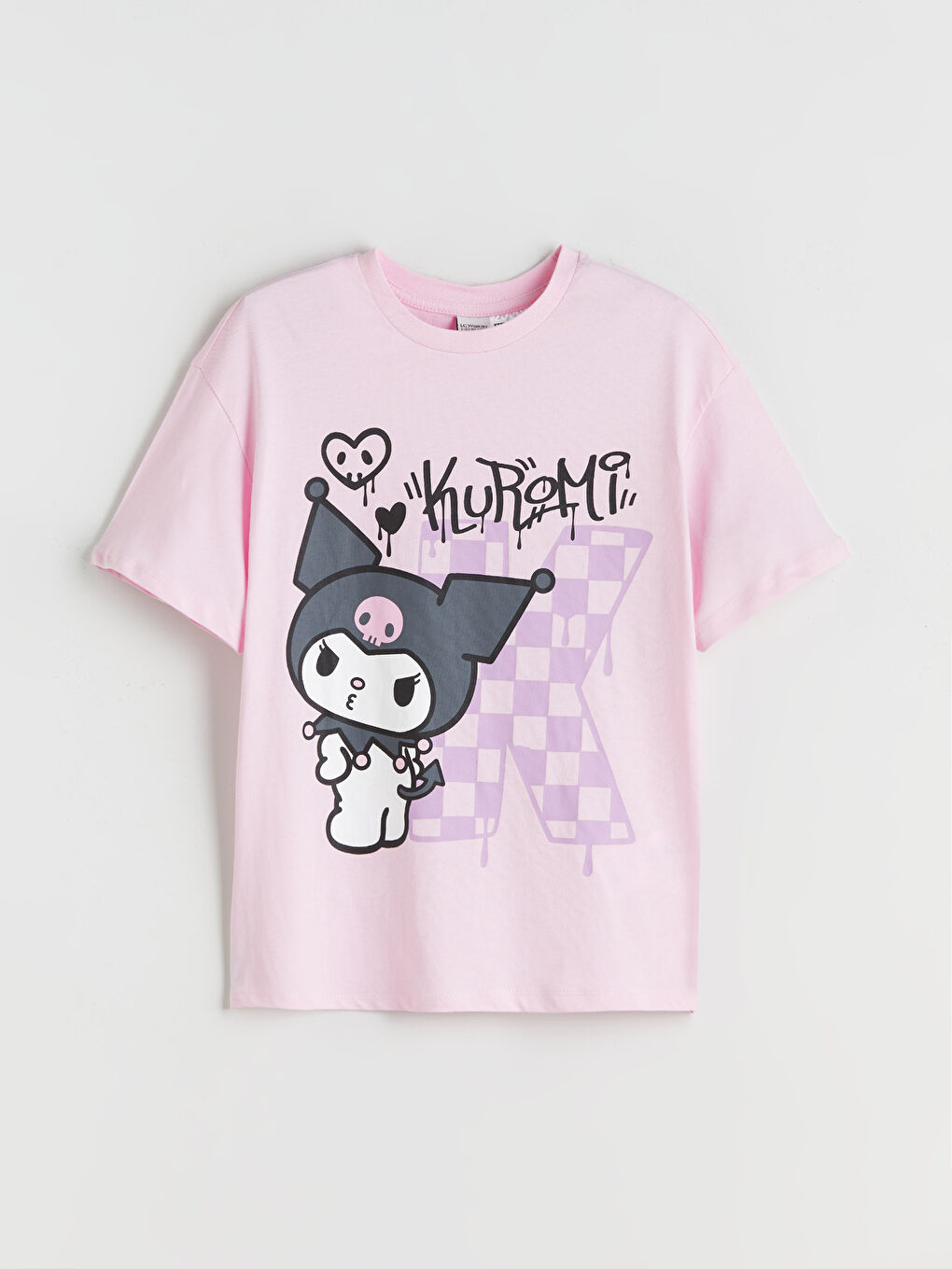 Pembe Bisiklet Yaka Kuromi Baskılı Kız Çocuk Tişört