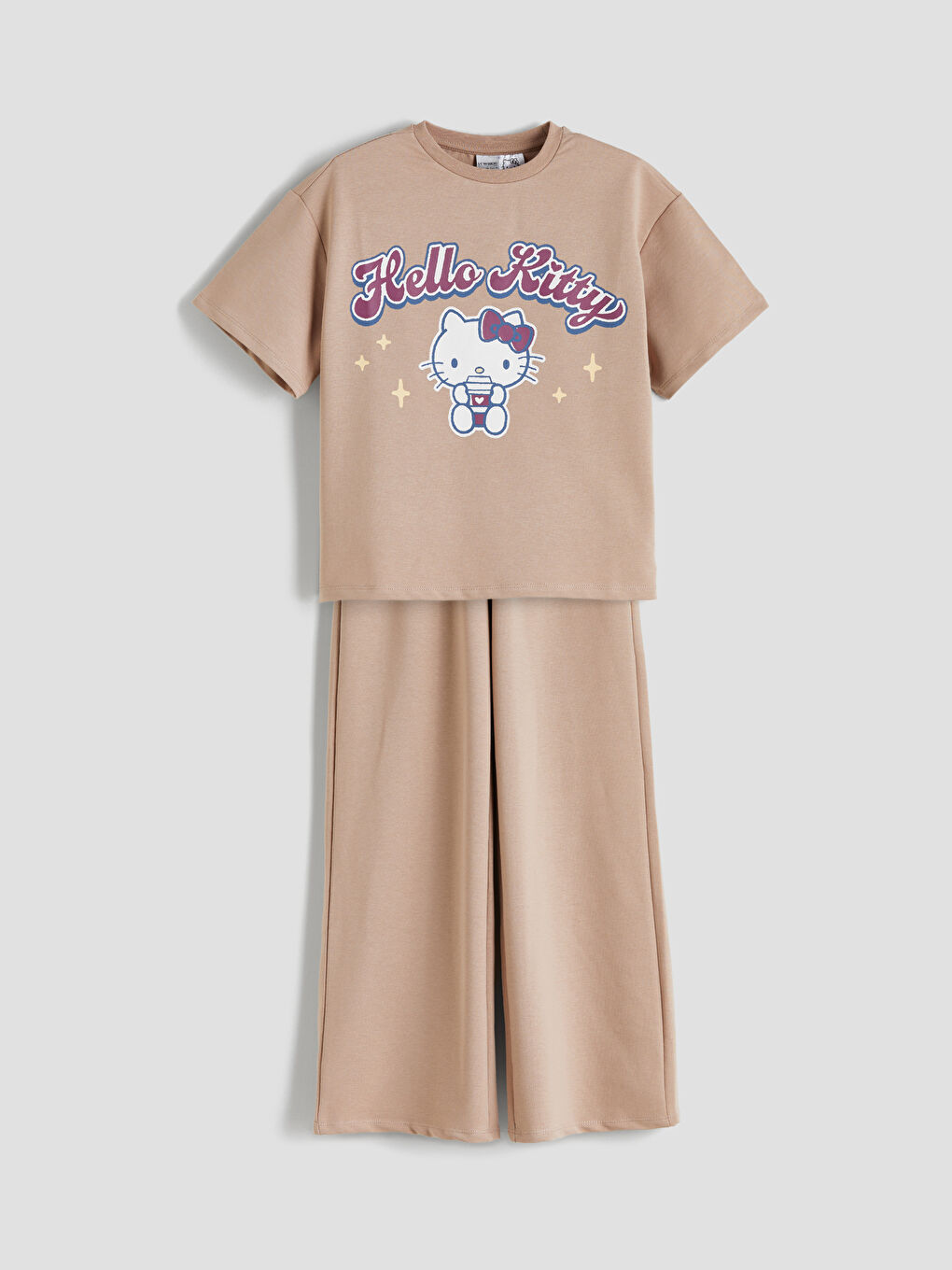 Kahverengi Hello Kitty Baskılı Kız Çocuk Tişört ve Pantolon 2'li
