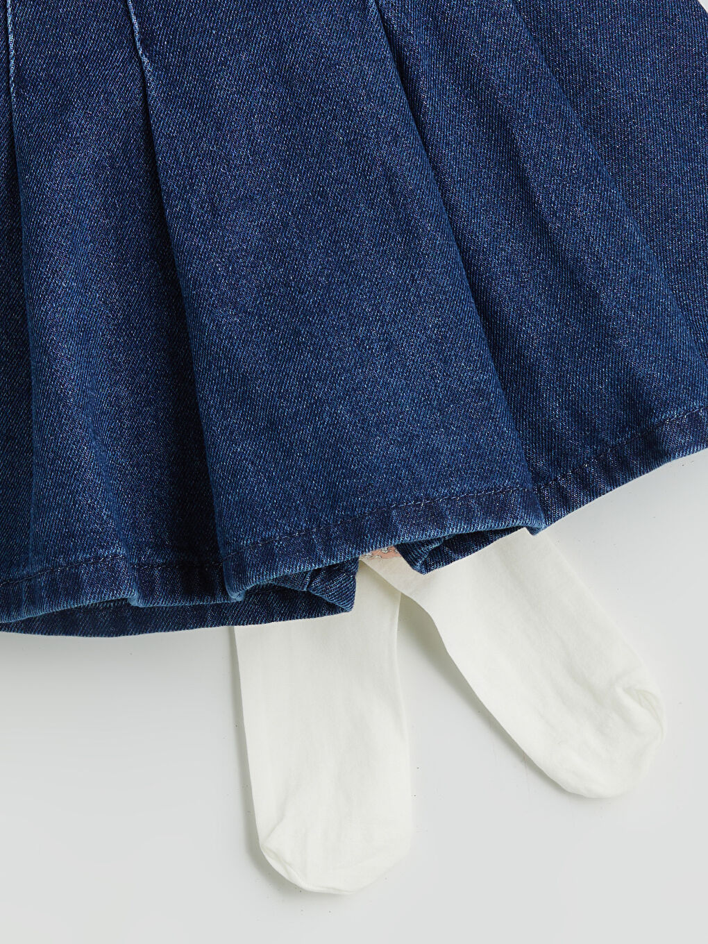 İndigo Beli Lastikli Kız Çocuk Jean Şort Etek ve Külotlu Çorap 2'li-2