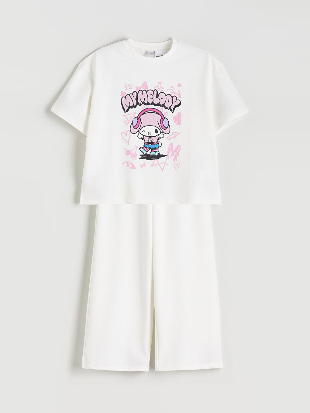 Ekru Bisiklet Yaka My Melody Baskılı Kız Çocuk Tişört ve Eşofman Altı