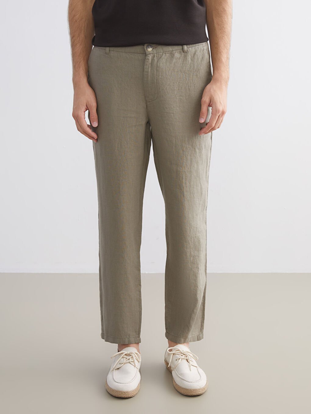 Yeşil Standart Kalıp %100 Keten Erkek Pantolon-1