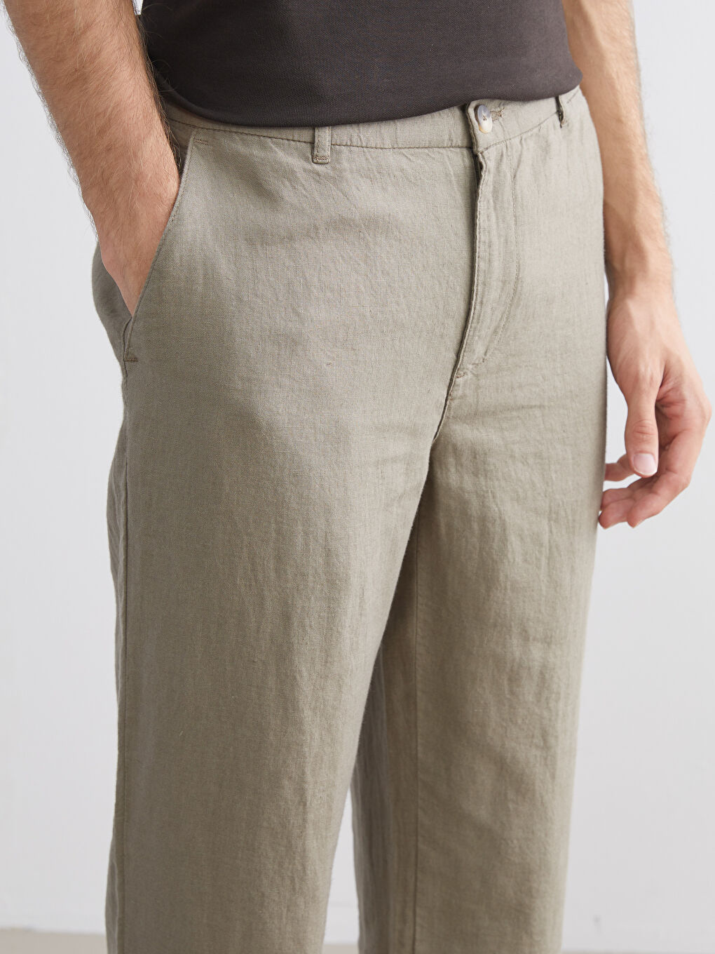 Yeşil Standart Kalıp %100 Keten Erkek Pantolon-2