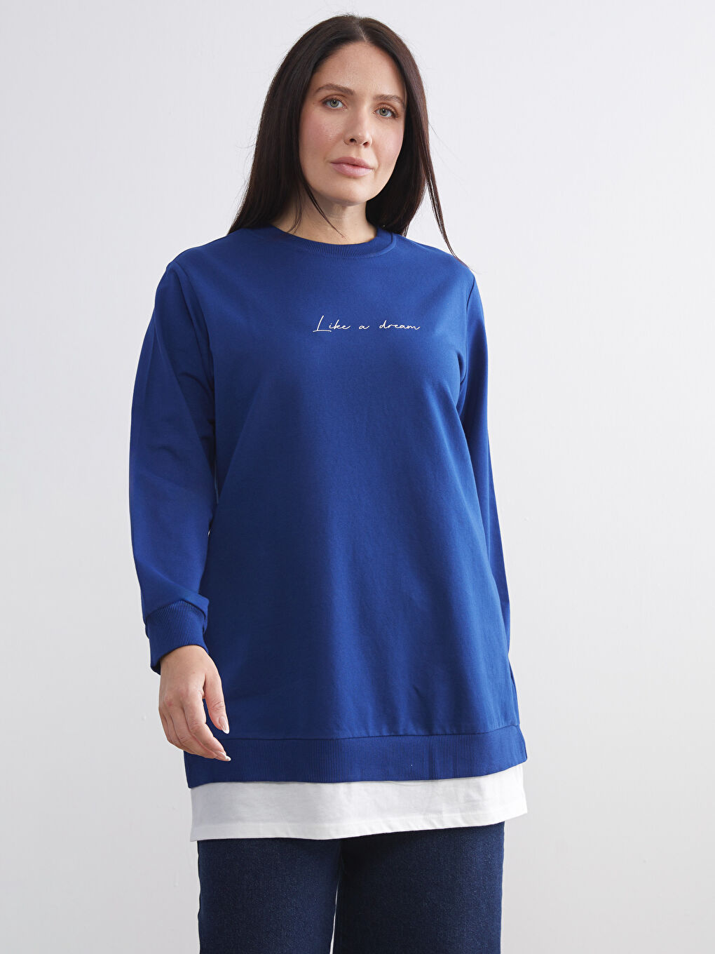 Lacivert Bisiklet Yaka Baskılı Kadın Sweatshirt Tunik-1