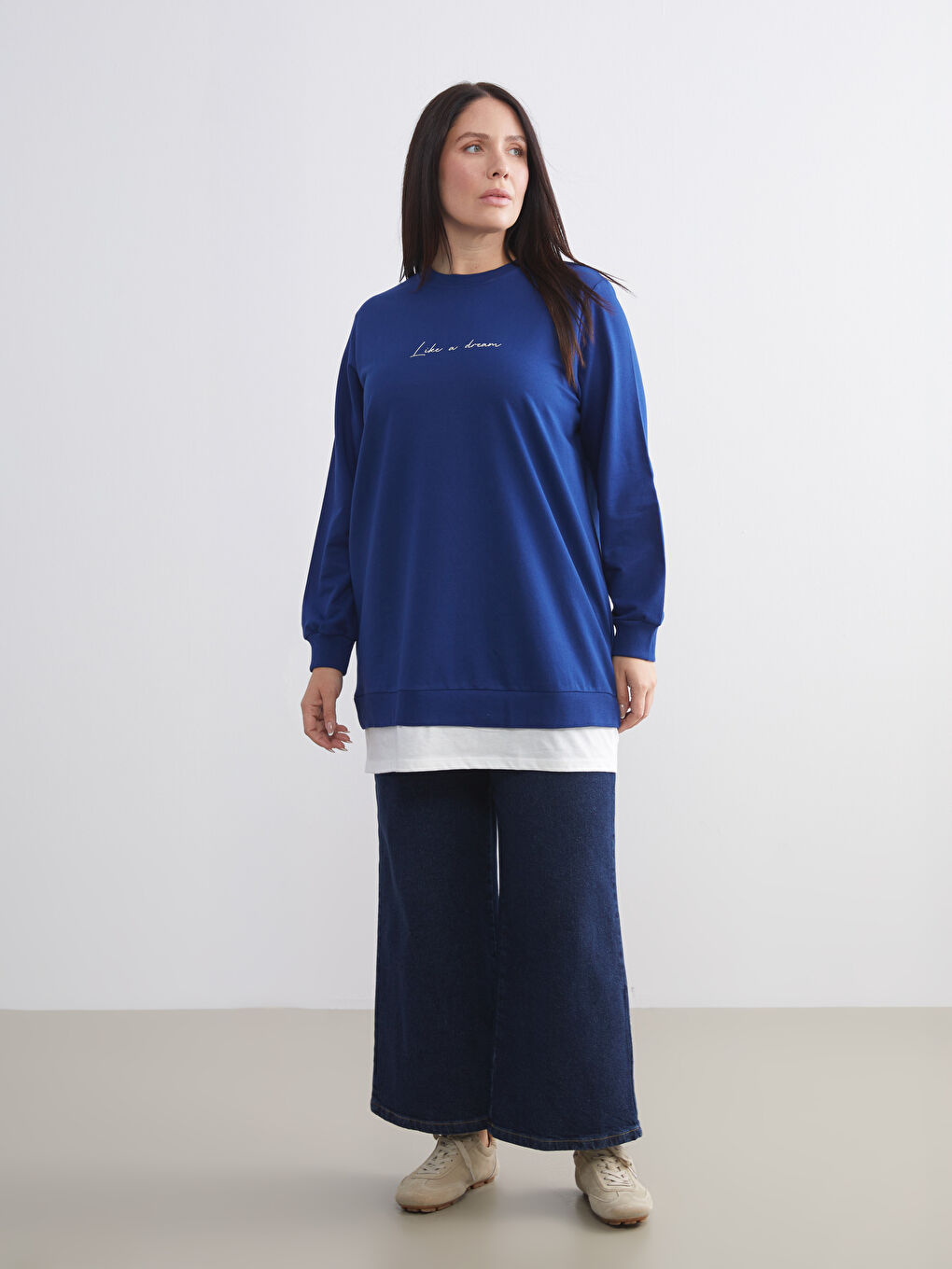 Lacivert Bisiklet Yaka Baskılı Kadın Sweatshirt Tunik-5