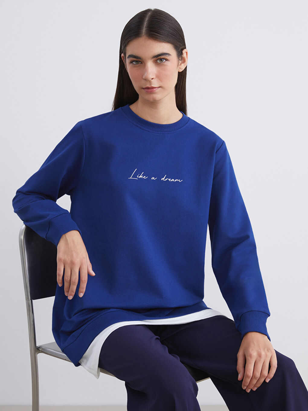 Lacivert Bisiklet Yaka Baskılı Kadın Sweatshirt Tunik