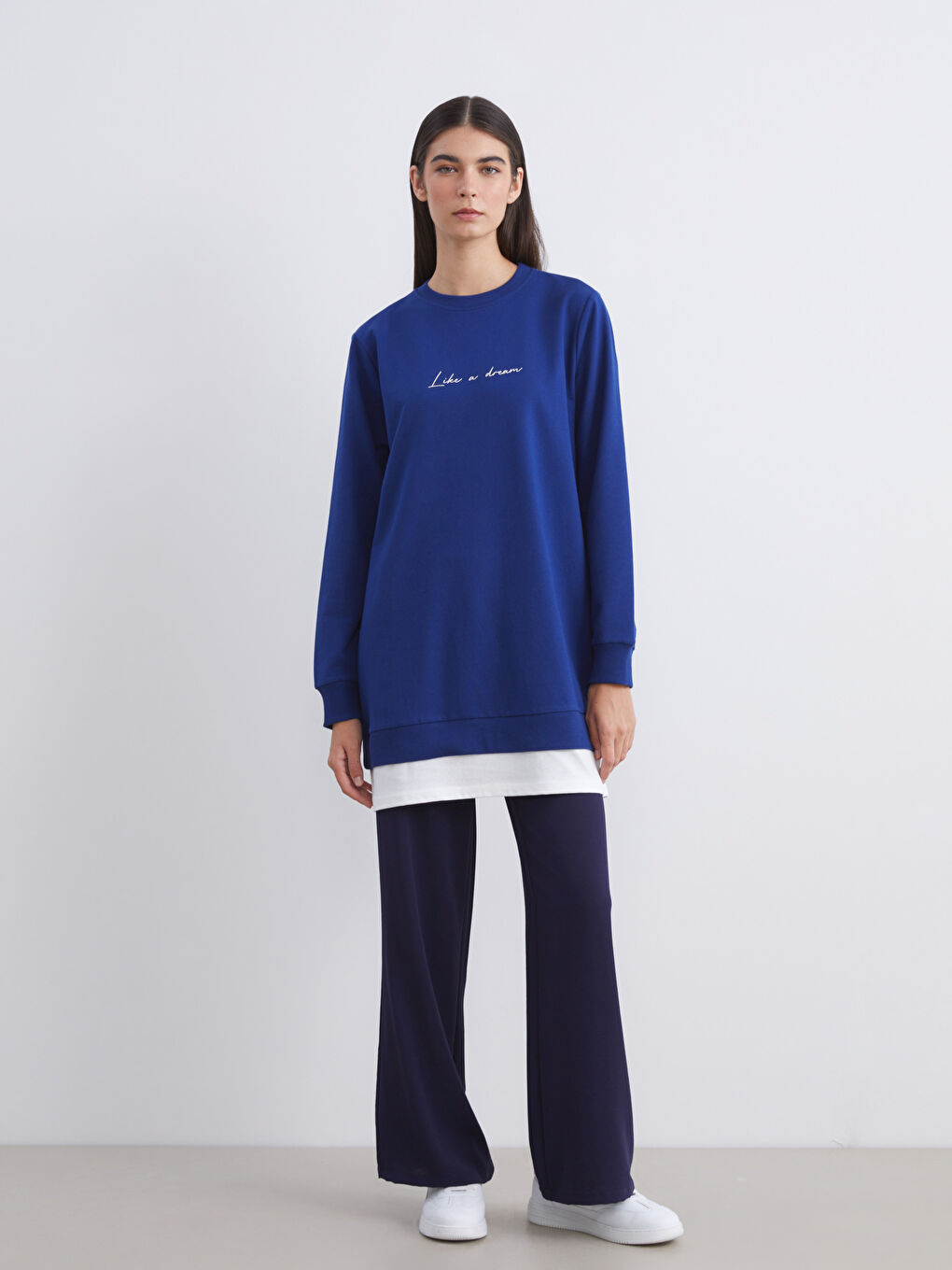 Lacivert Bisiklet Yaka Baskılı Kadın Sweatshirt Tunik-2