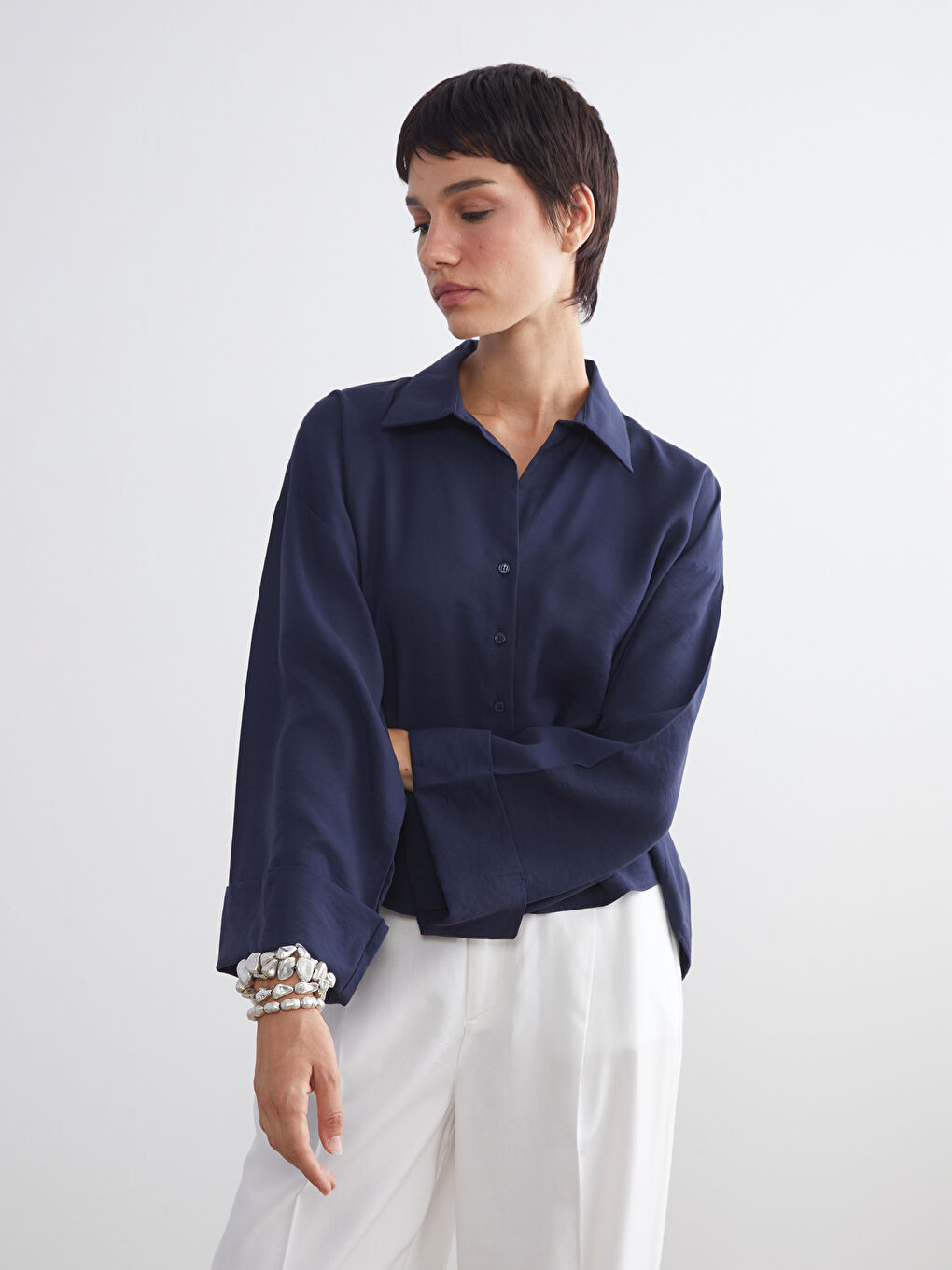 Lacivert Oversize Modal Karışımlı Kadın Gömlek