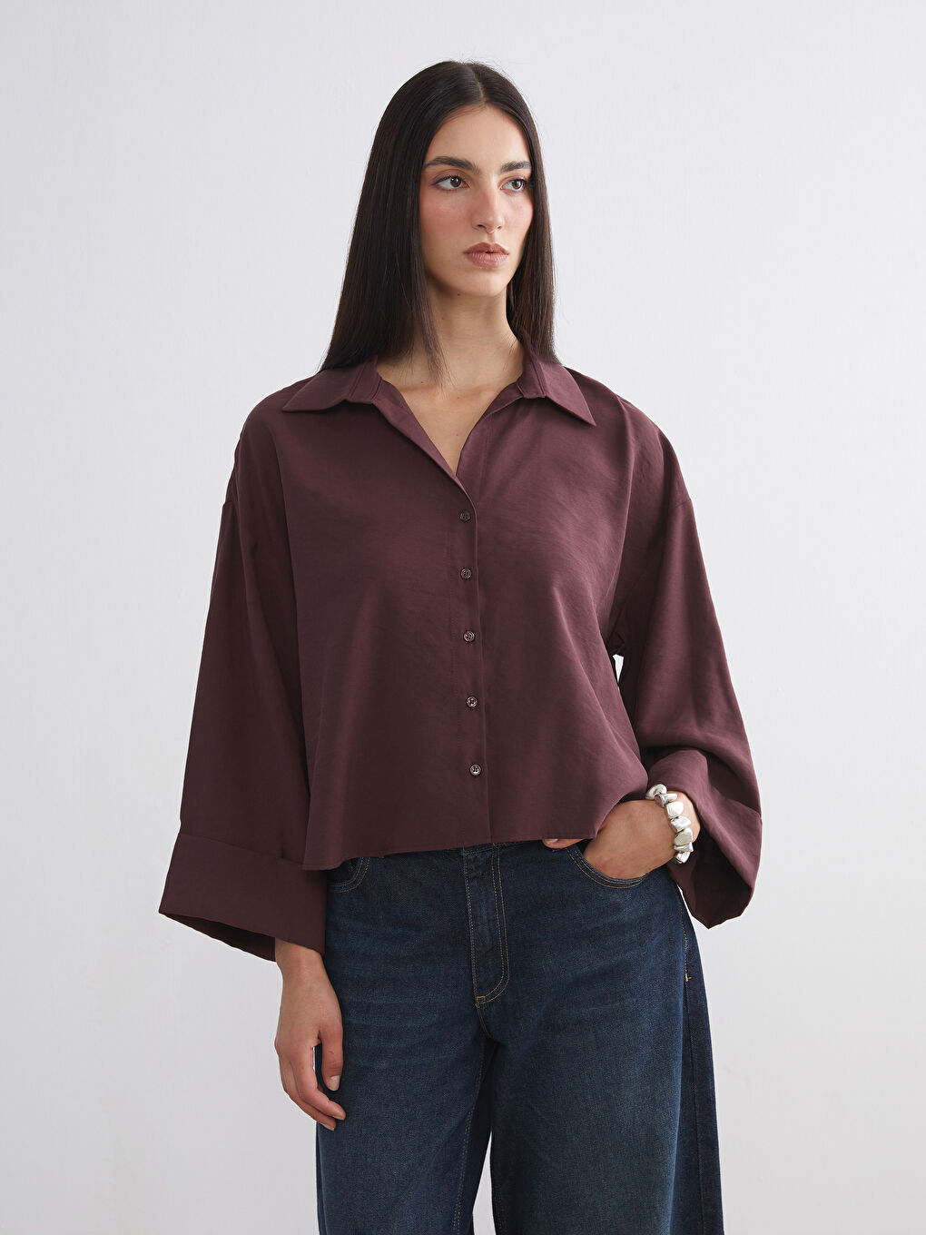 Bordo Oversize Modal Karışımlı Kadın Gömlek