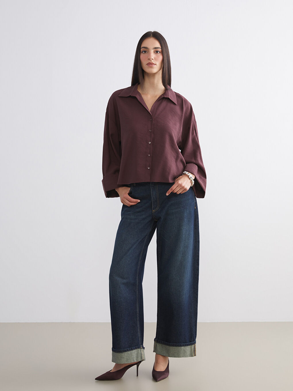 Bordo Oversize Modal Karışımlı Kadın Gömlek-1