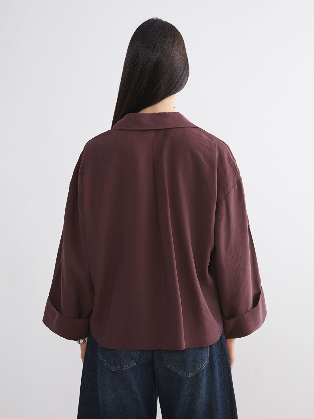 Bordo Oversize Modal Karışımlı Kadın Gömlek-3