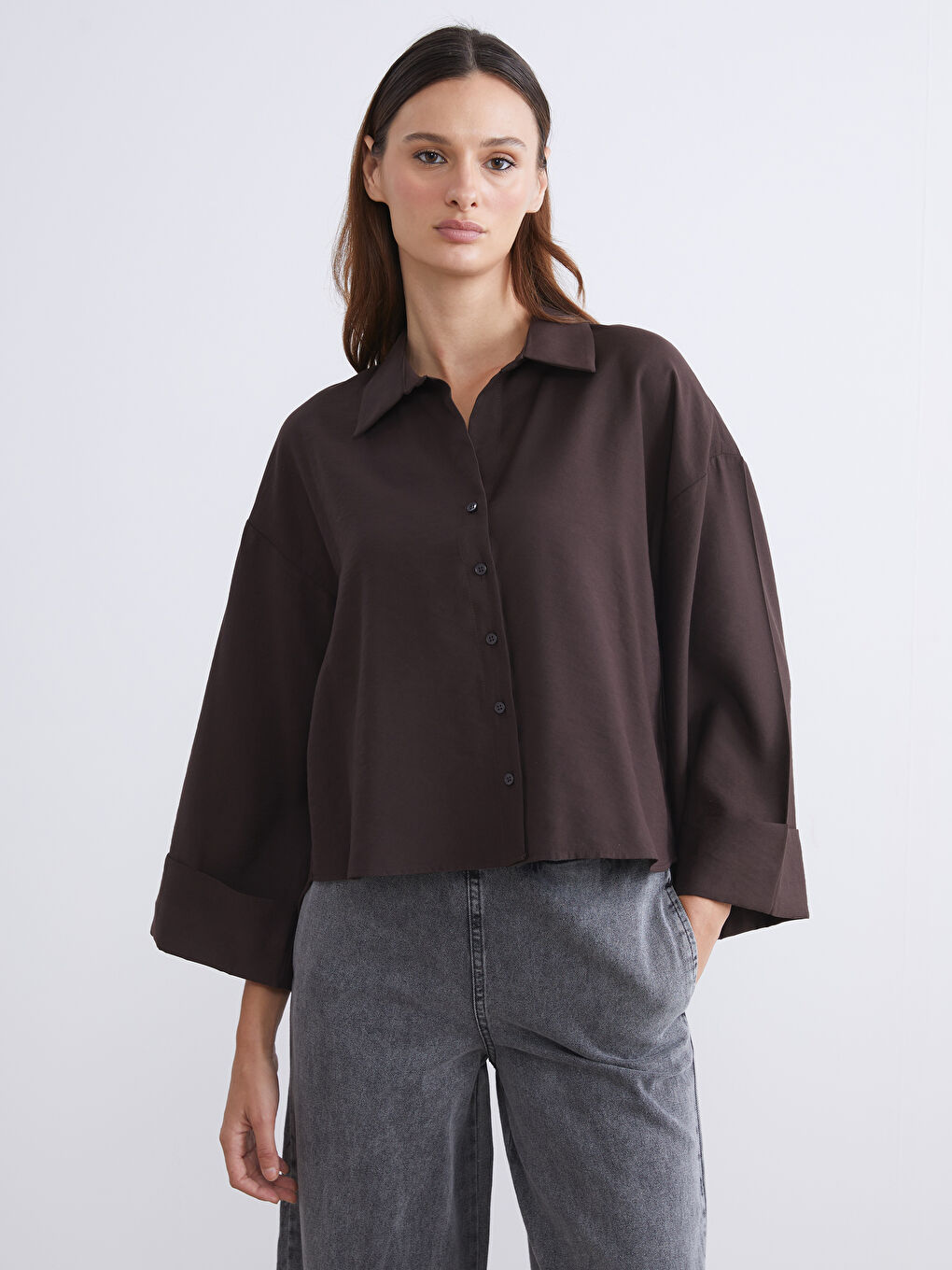 Kahverengi Oversize Modal Karışımlı Kadın Gömlek