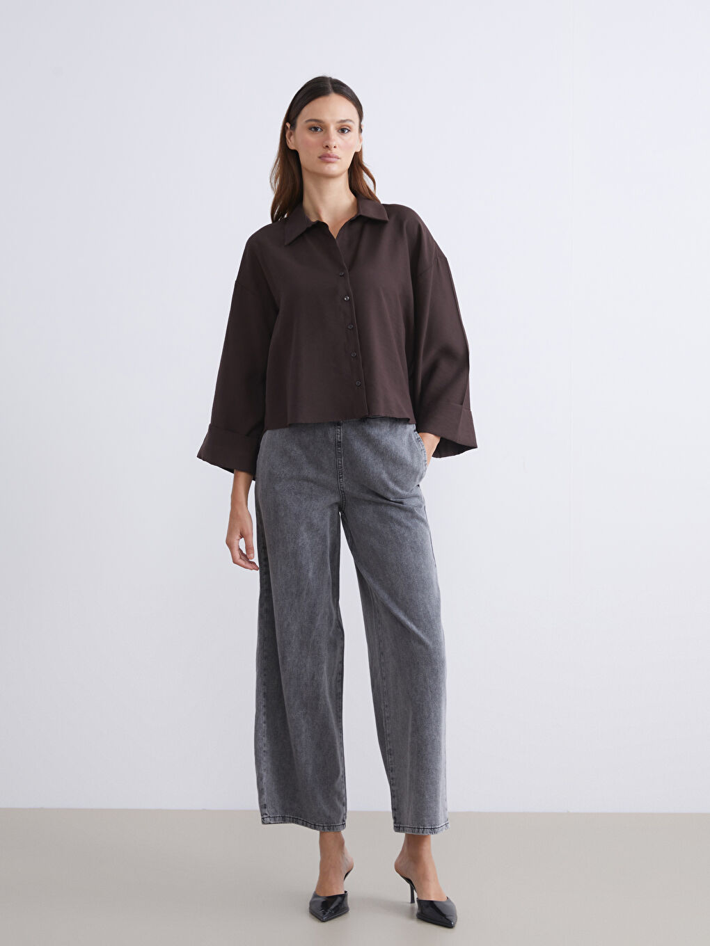 Kahverengi Oversize Modal Karışımlı Kadın Gömlek-1