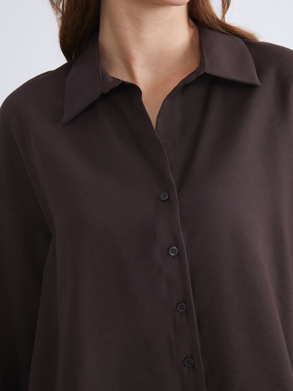 Kahverengi Oversize Modal Karışımlı Kadın Gömlek-2