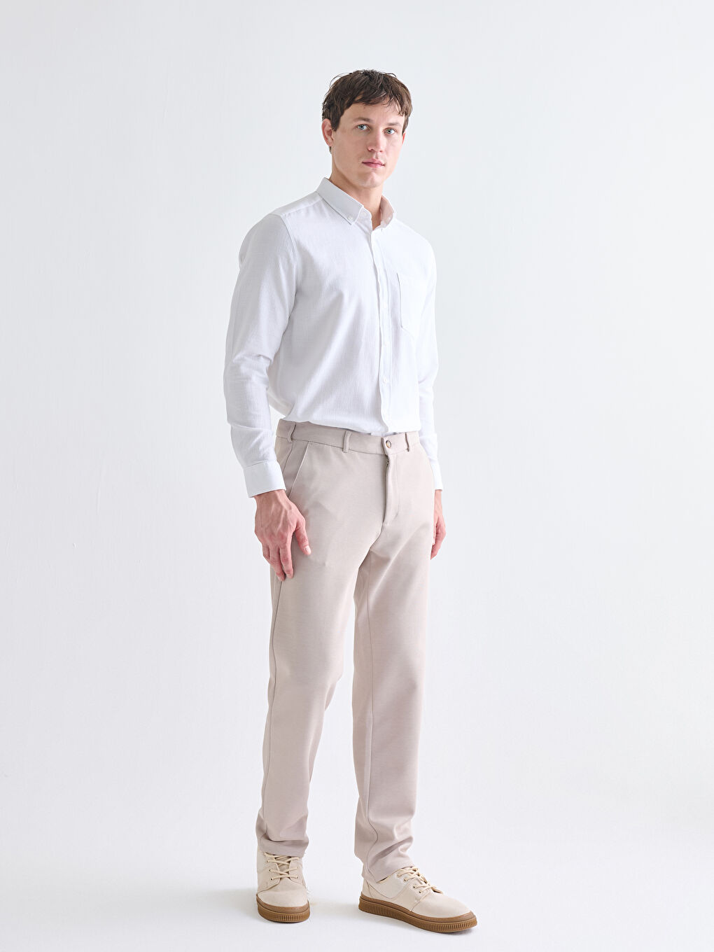 Beyaz Regular Fit Uzun Kollu Armürlü Erkek Gömlek-1