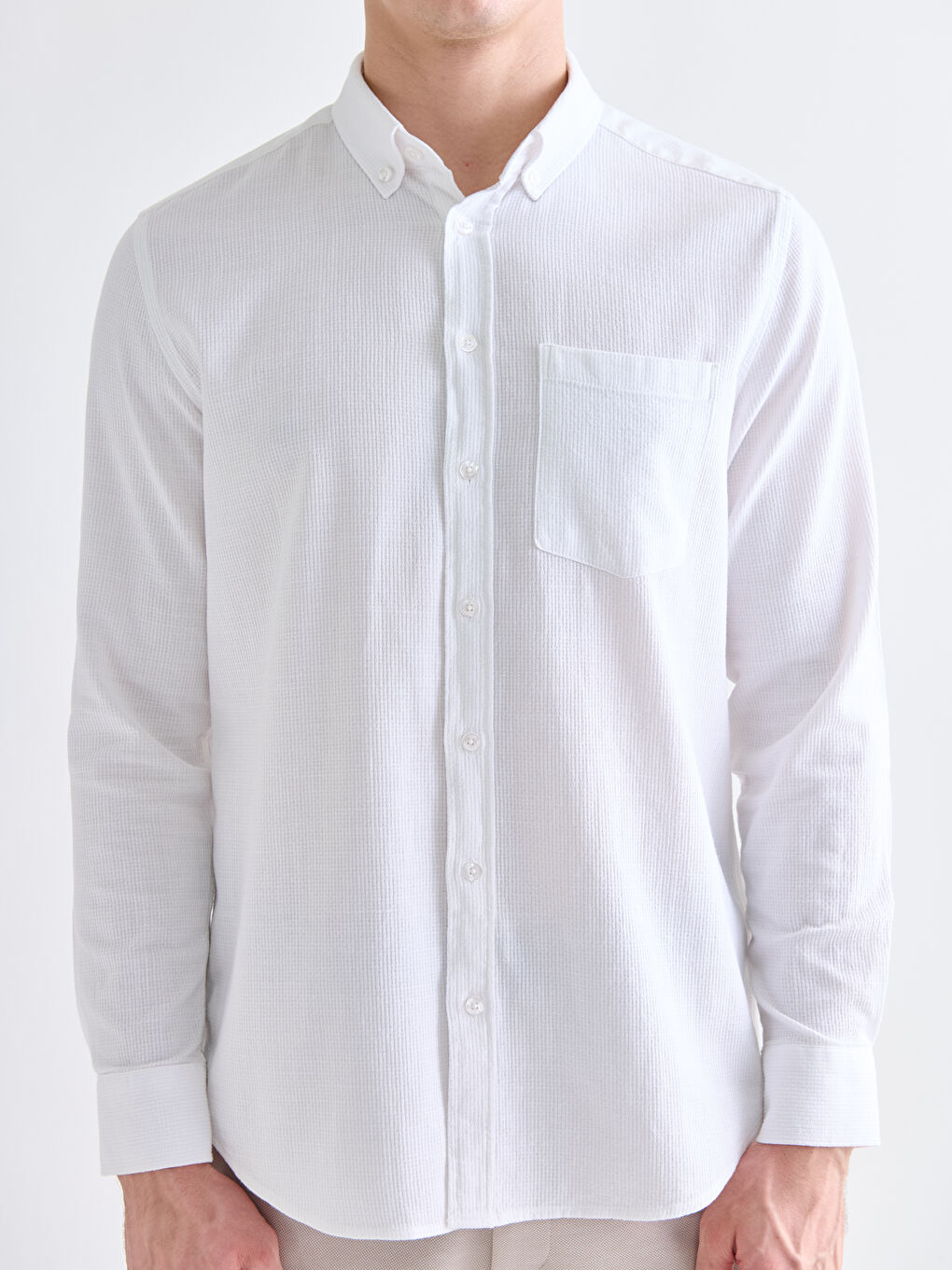 Beyaz Regular Fit Uzun Kollu Armürlü Erkek Gömlek-2