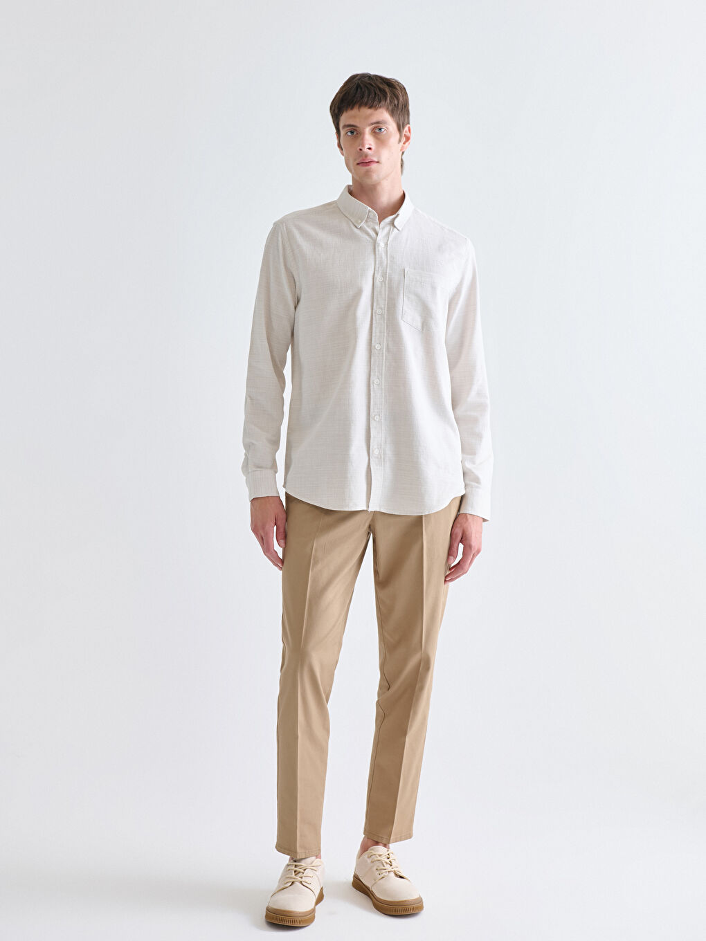 Bej Regular Fit Uzun Kollu Armürlü Erkek Gömlek-1