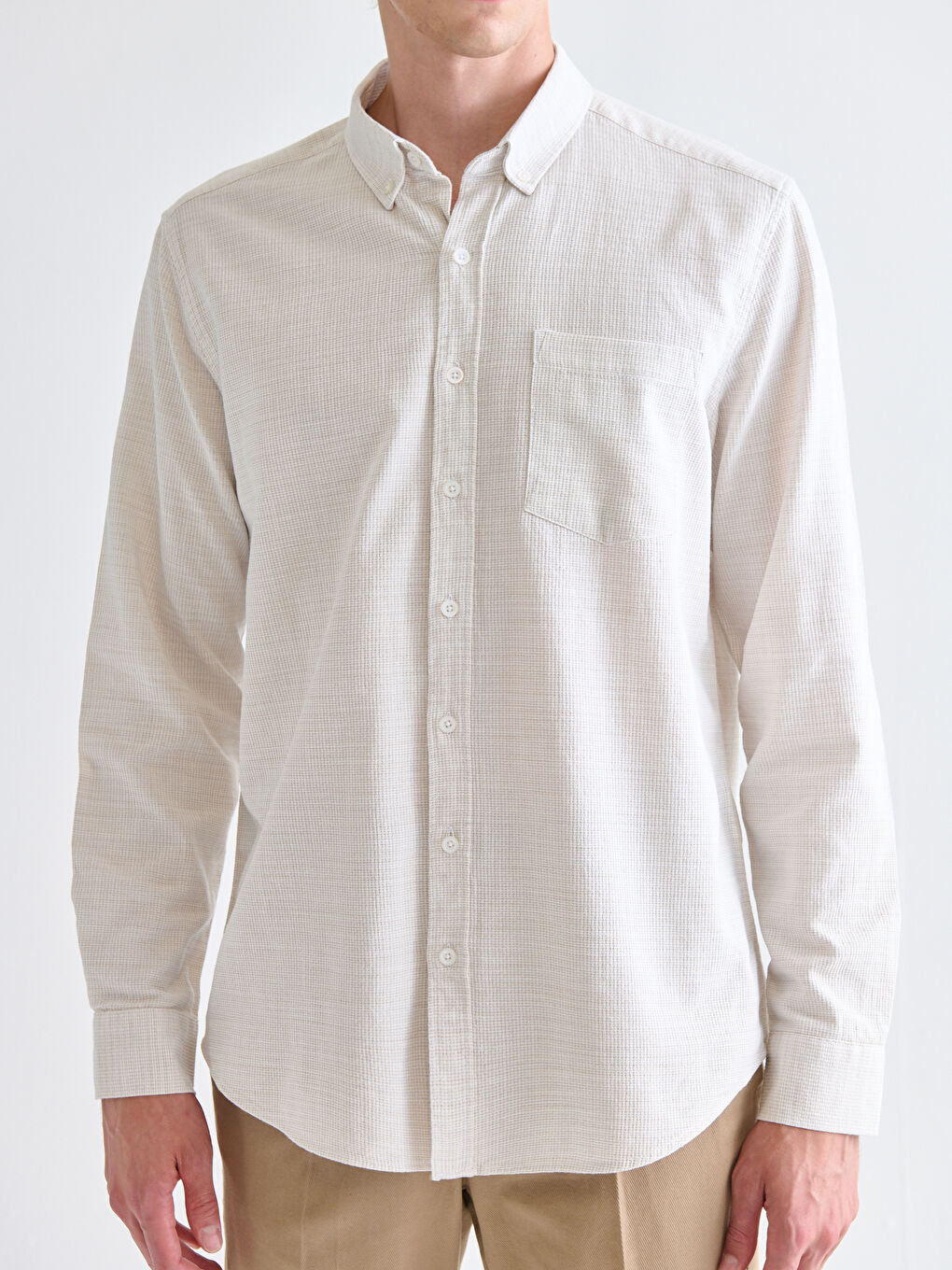 Bej Regular Fit Uzun Kollu Armürlü Erkek Gömlek-2