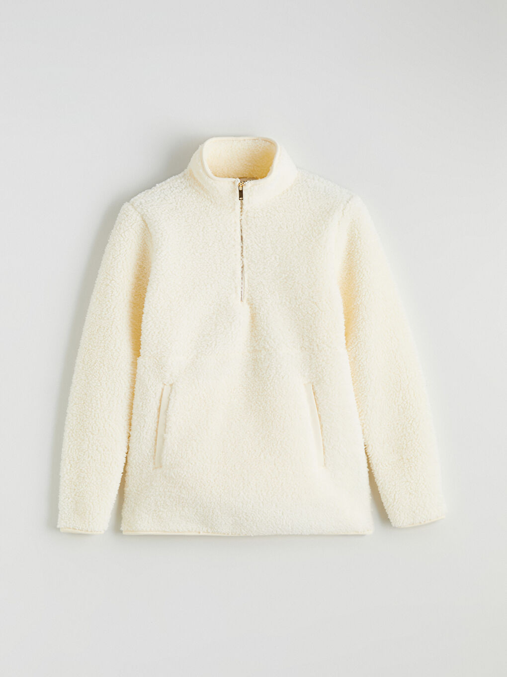 Bej Dik Yaka Kadın Pelüş Sweatshirt-4