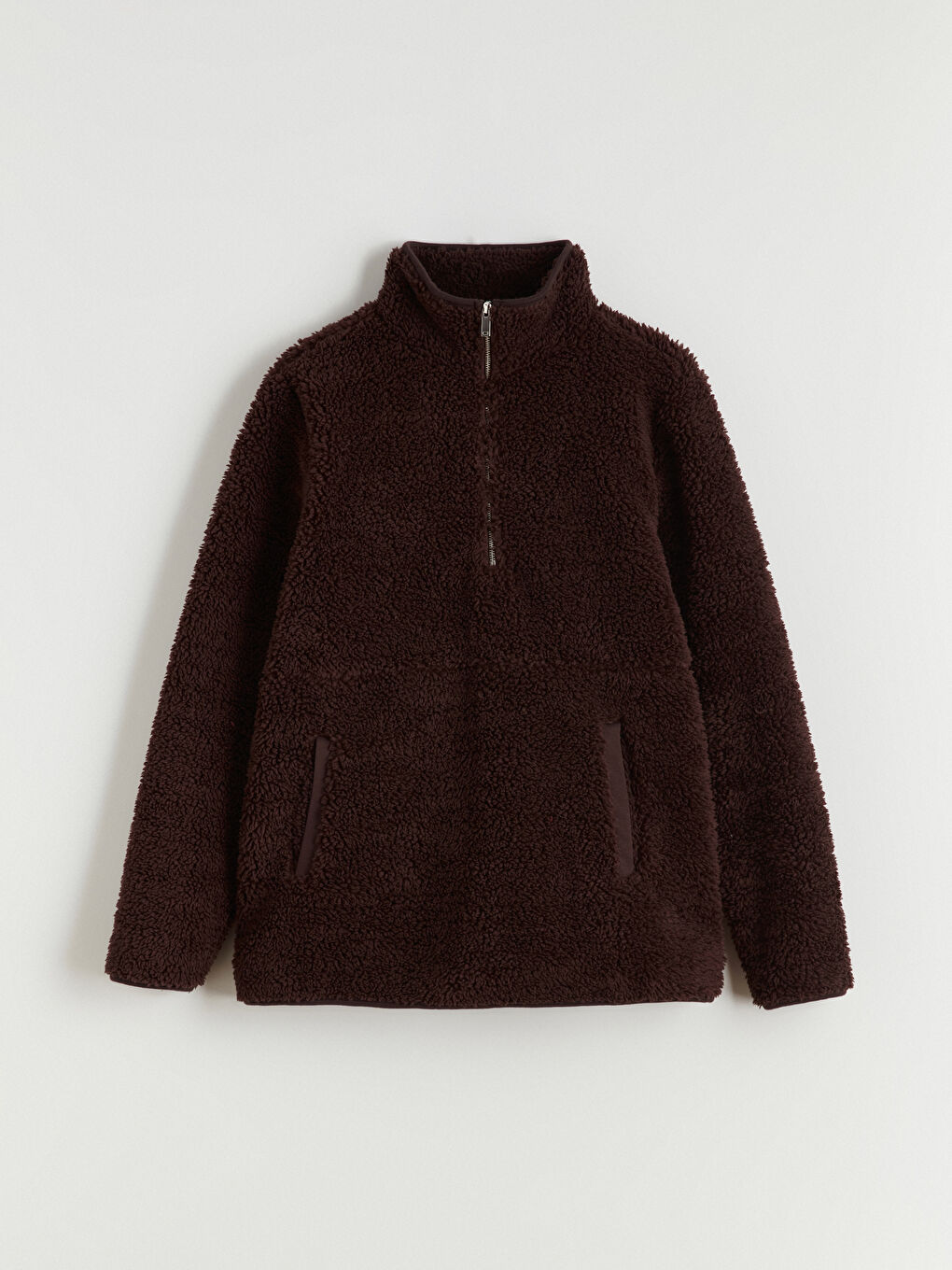 Kahverengi Dik Yaka Kadın Pelüş Sweatshirt-4