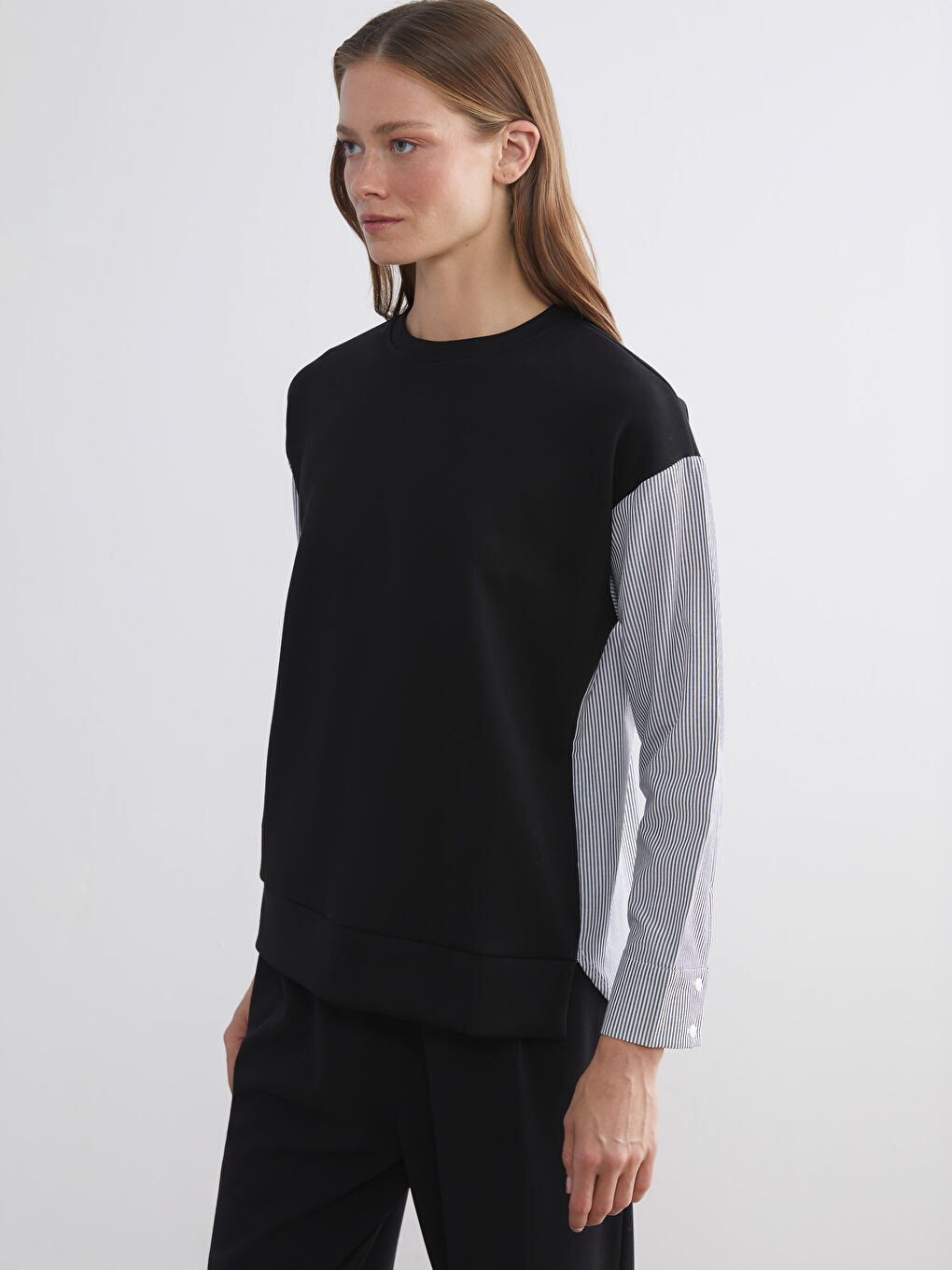 Siyah Bisiklet Yaka Çizgili Oversize Kadın Sweatshirt