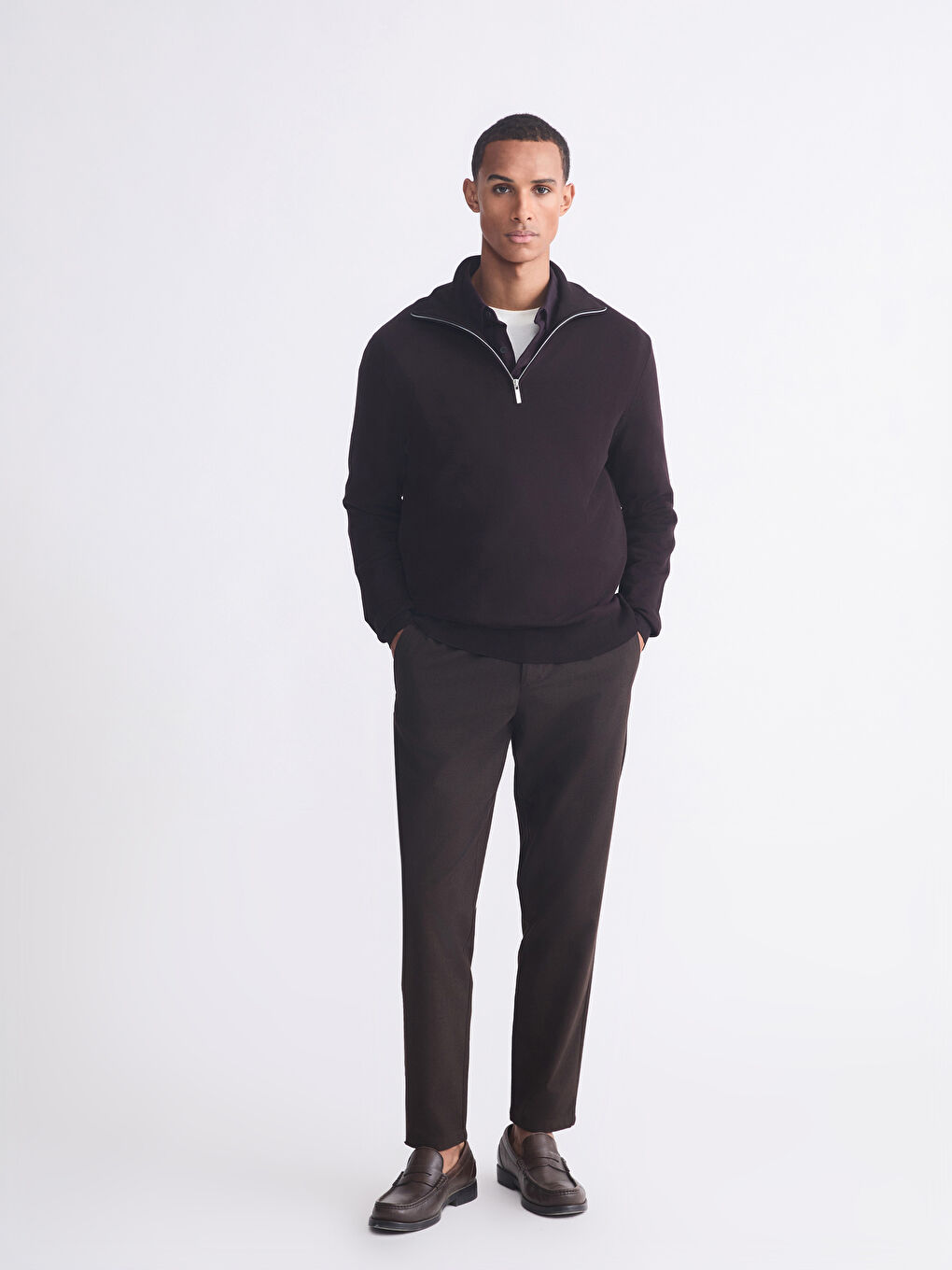 Kahverengi Fermuarlı Dik Yaka Erkek Triko Kazak-1