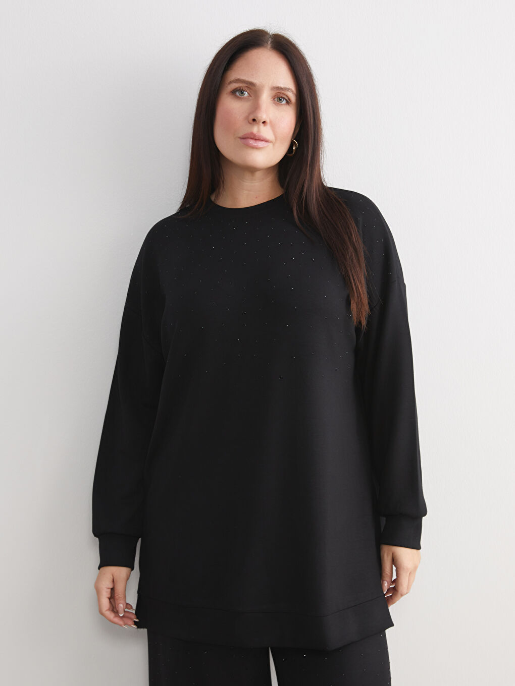 Siyah Bisiklet Yaka Kadın Sweatshirt Tunik-1