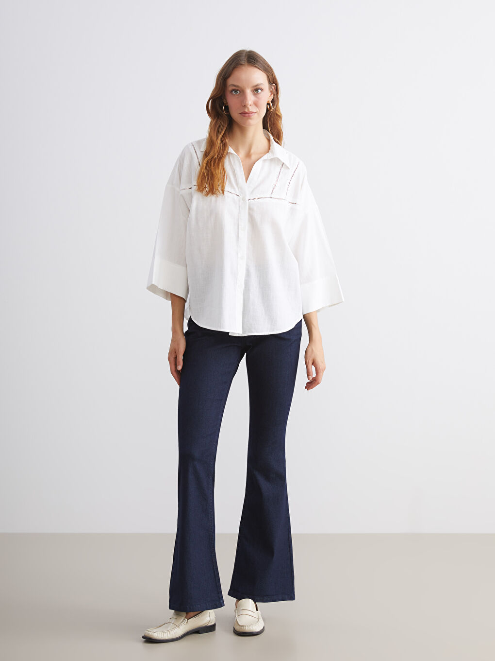 Ekru Ajurlu Oversize Poplin Kadın Gömlek-1