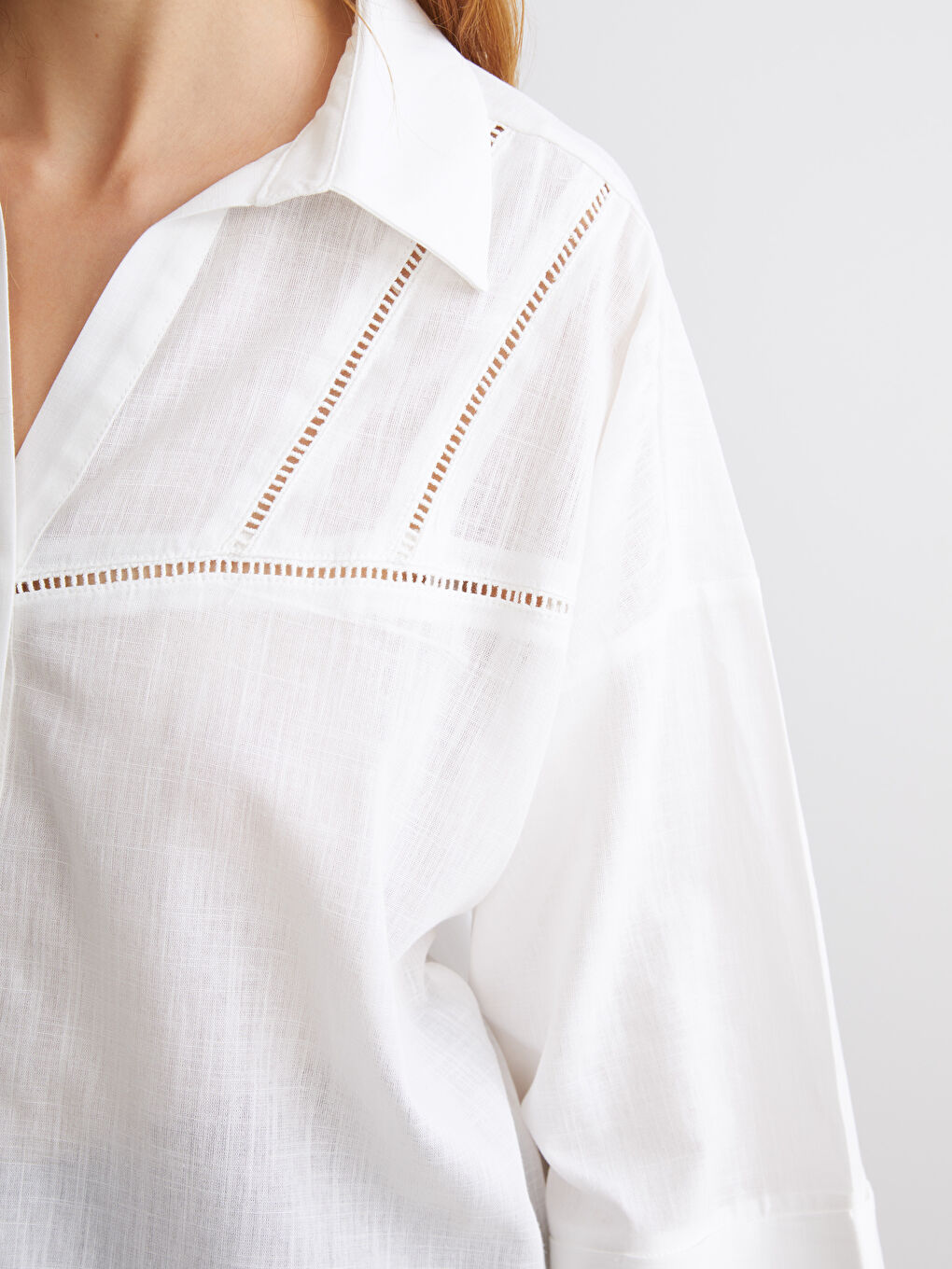 Ekru Ajurlu Oversize Poplin Kadın Gömlek-2
