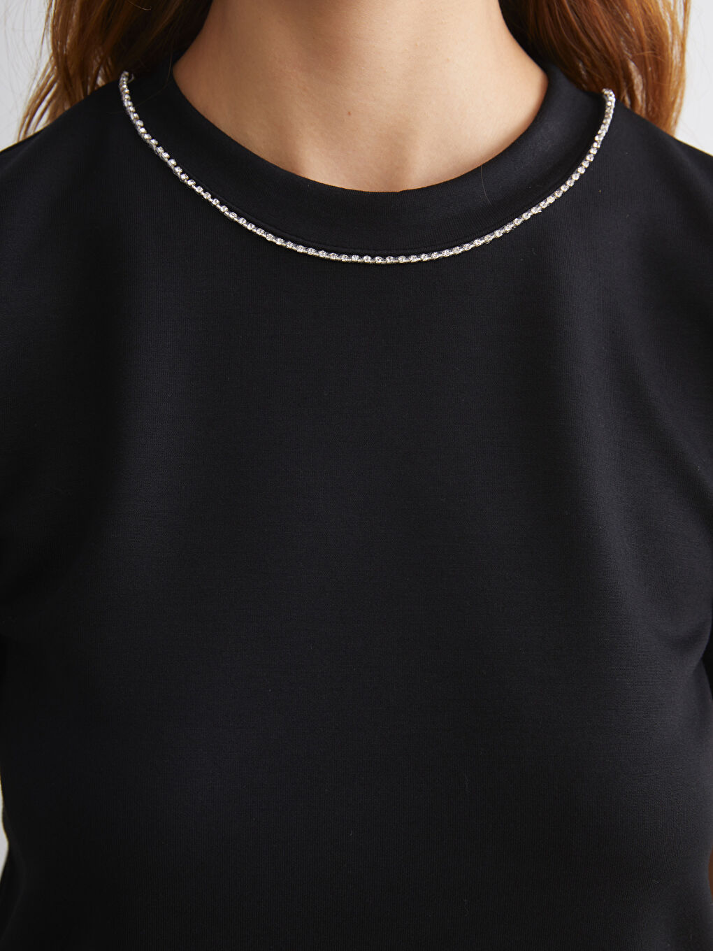 Crew Neck Rhinestone Embellished Blouse-2