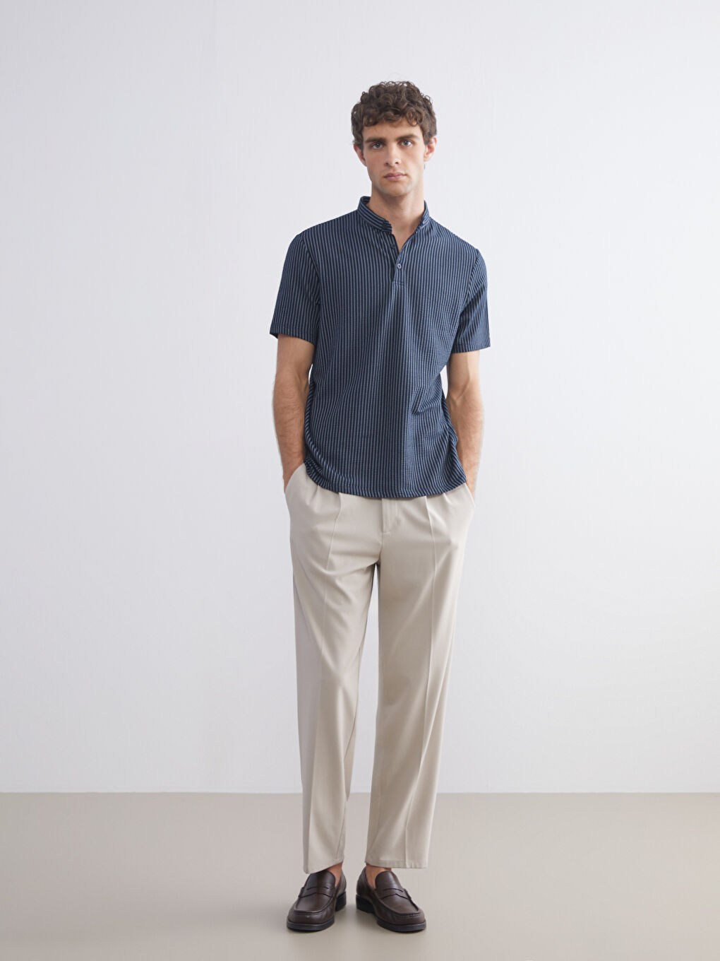 Lacivert Polo Yaka Çizgili Erkek Tişört-1