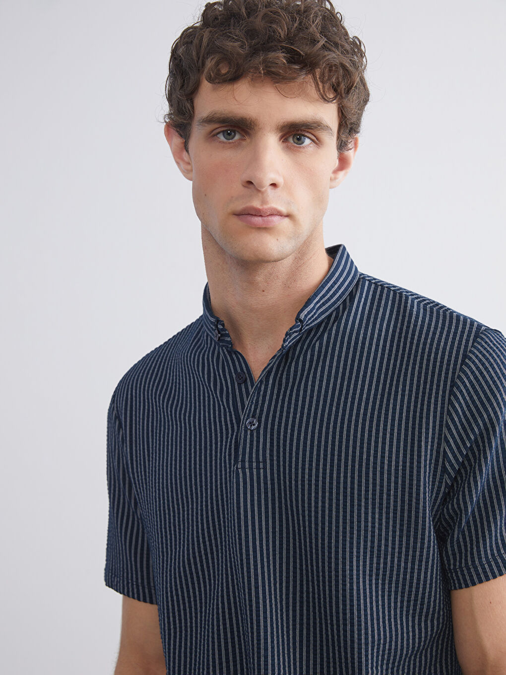 Lacivert Polo Yaka Çizgili Erkek Tişört-2