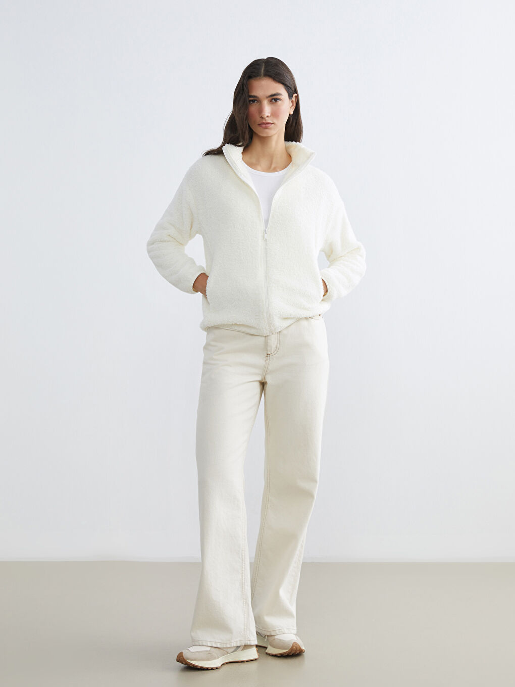 Ekru Dik Yaka Kadın Polar Hırka-1