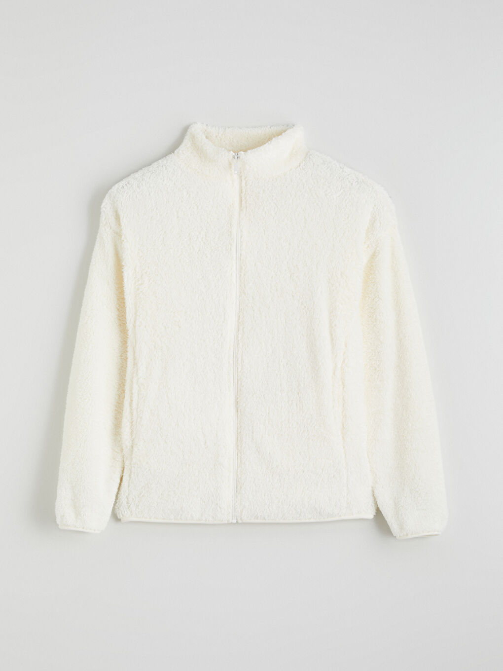 Ekru Dik Yaka Kadın Polar Hırka-4