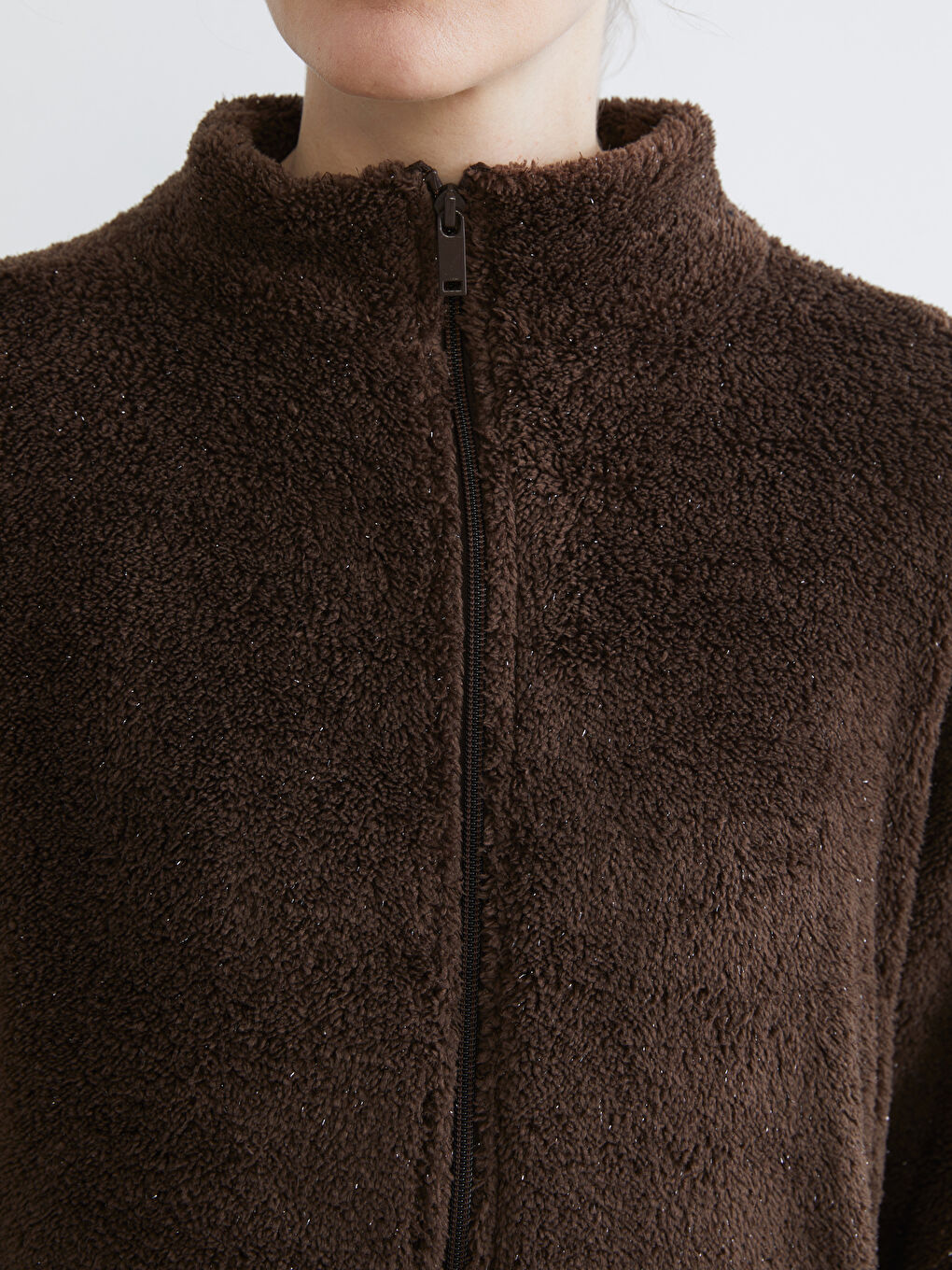 Kahverengi Dik Yaka Kadın Polar Hırka-2