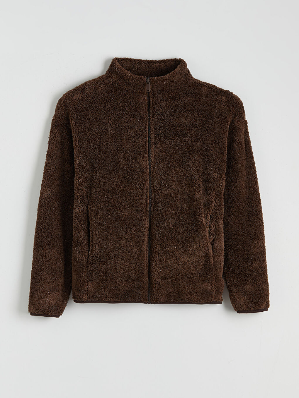 Kahverengi Dik Yaka Kadın Polar Hırka-4