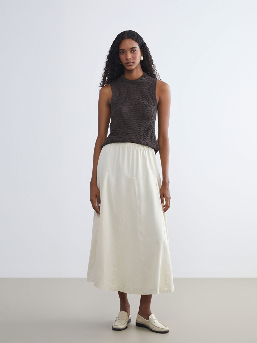 Ekru Beli Lastikli Kloş Jean Etek