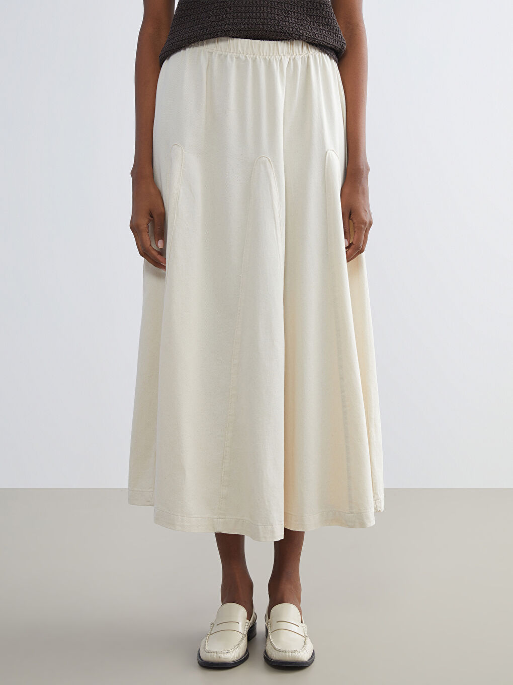 Ekru Beli Lastikli Kloş Jean Etek-1