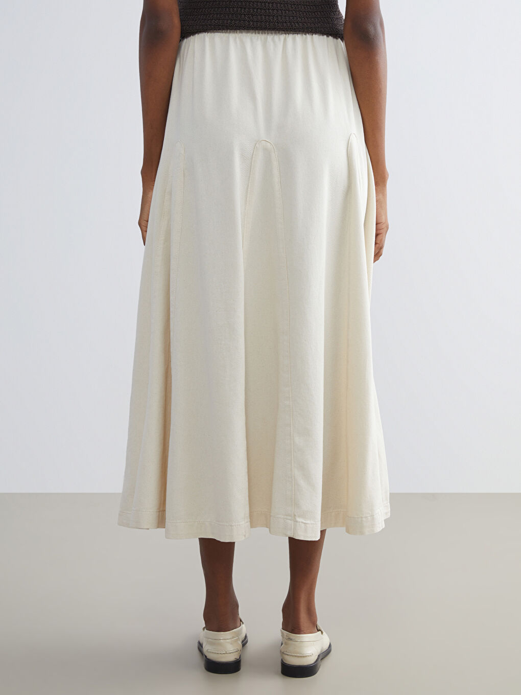 Ekru Beli Lastikli Kloş Jean Etek-3