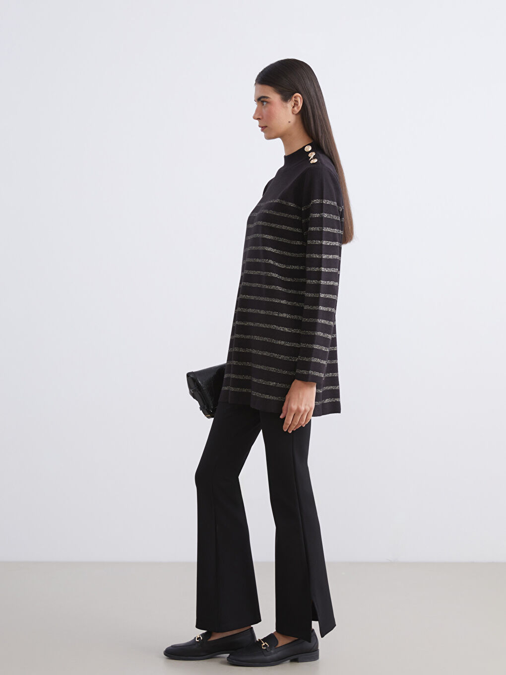 Siyah Beli Lastikli Geniş Paça Kadın Pantolon