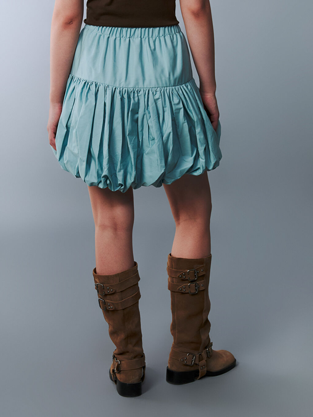 Mavi Beli Lastikli Fiyonk Detaylı Genç Kız Balon Etek-3