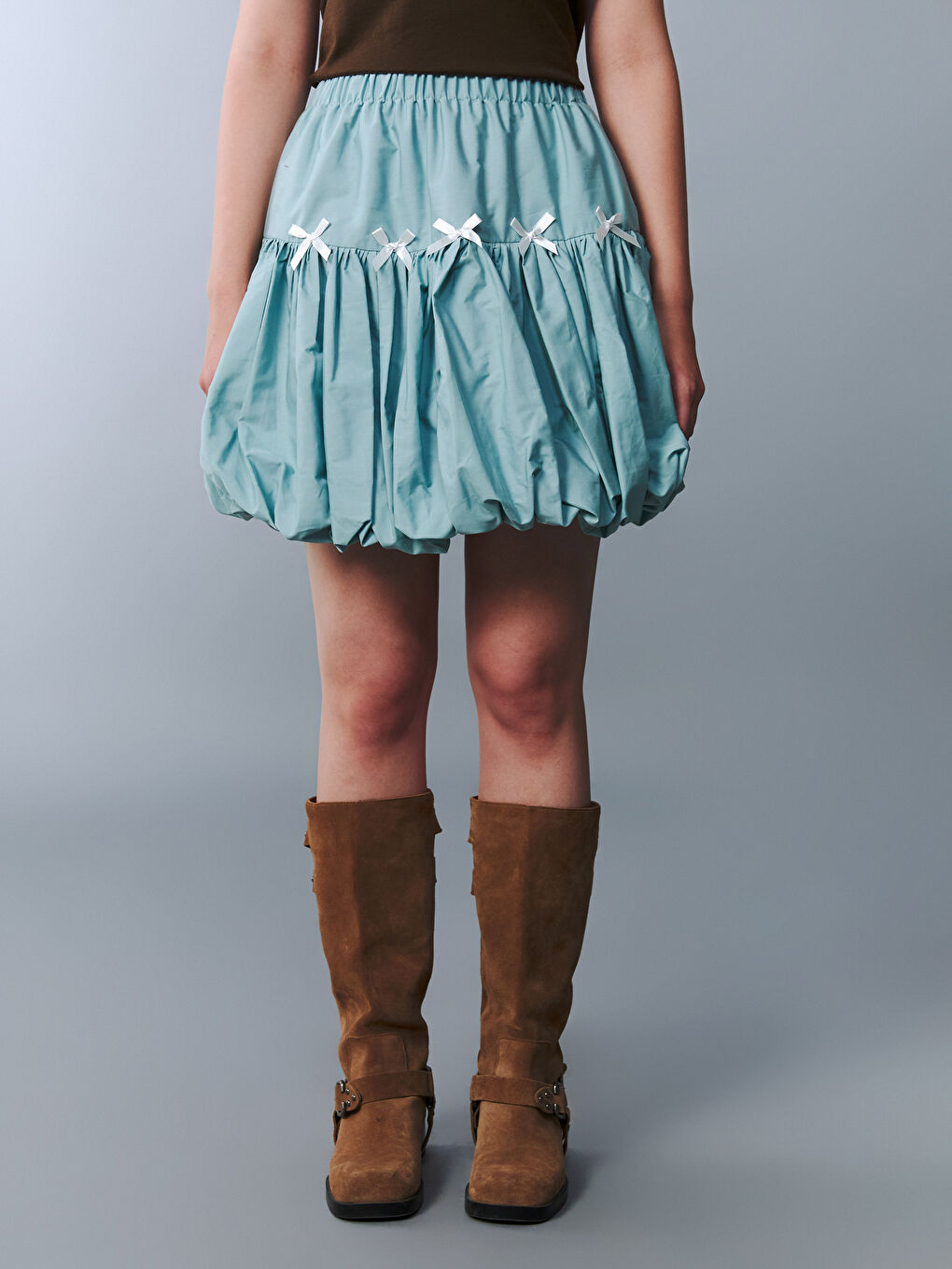 Mavi Beli Lastikli Fiyonk Detaylı Genç Kız Balon Etek-1