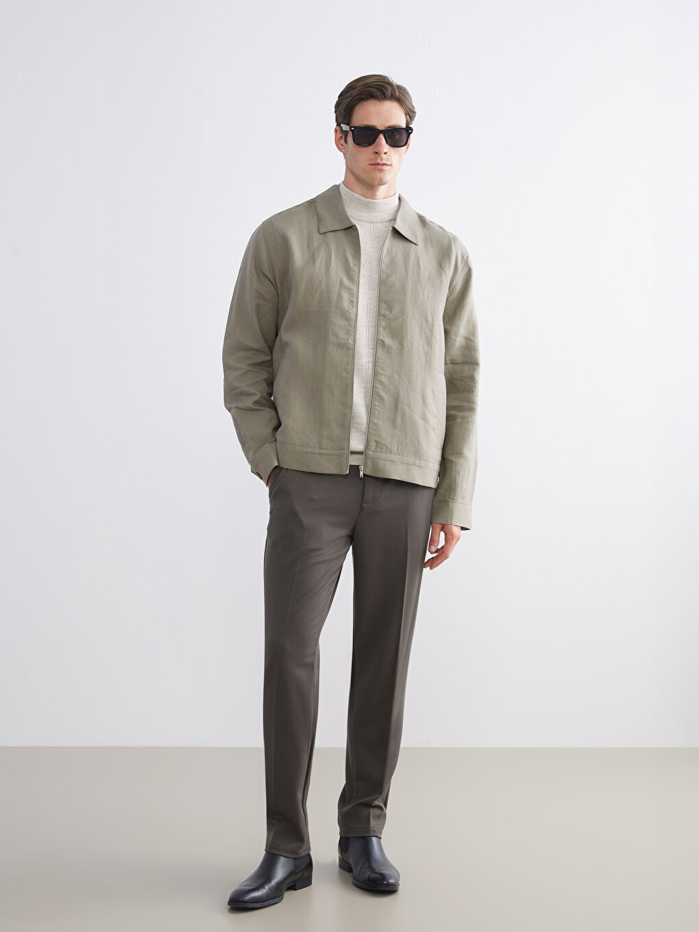 Yeşil Standart Kalıp Gömlek Yaka %100 Keten Erkek Mont-3