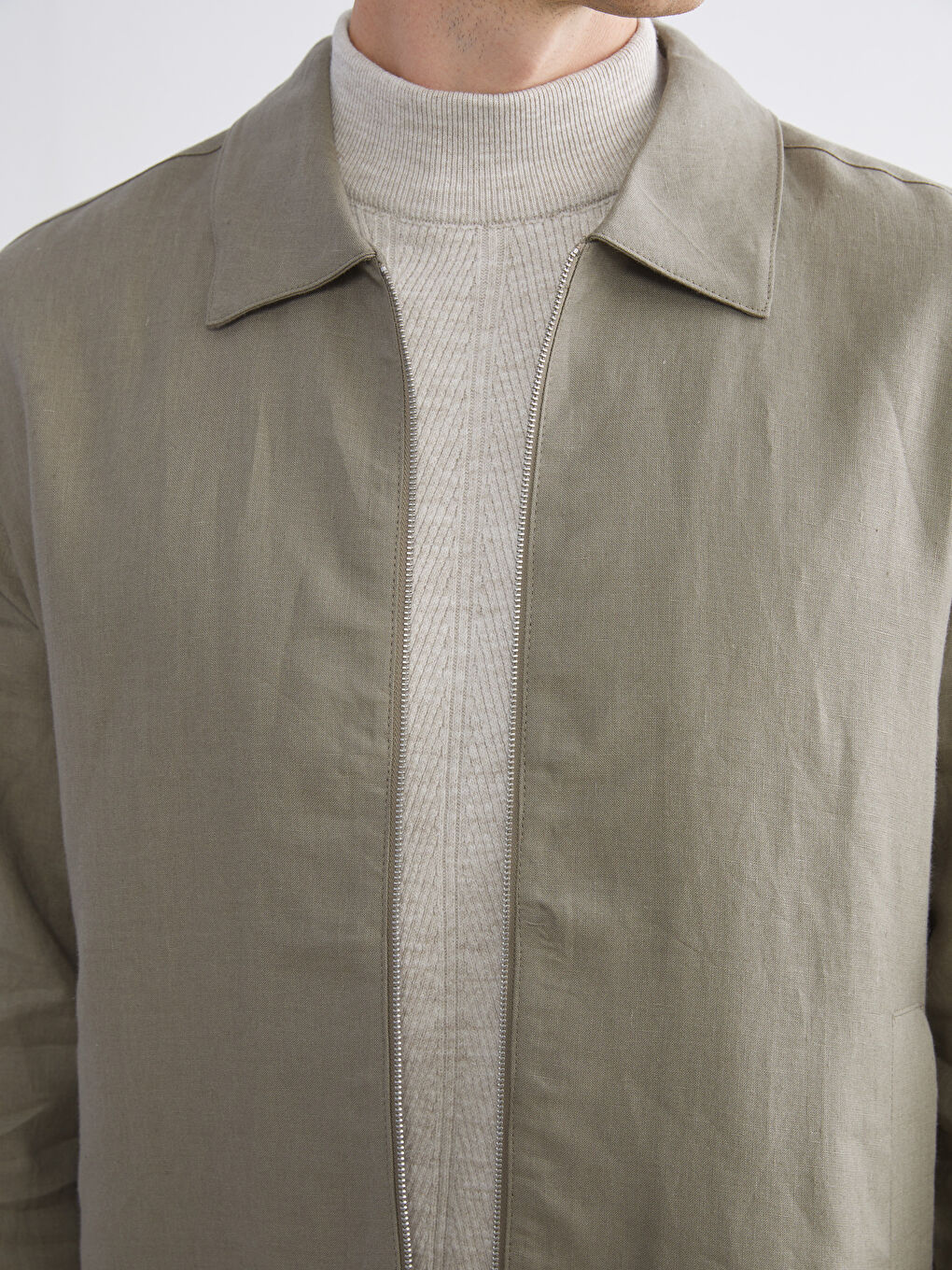 Yeşil Standart Kalıp Gömlek Yaka %100 Keten Erkek Mont-5