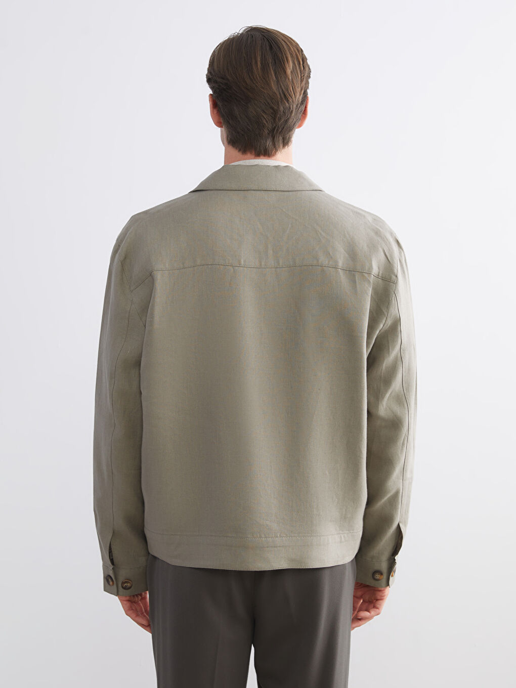 Yeşil Standart Kalıp Gömlek Yaka %100 Keten Erkek Mont-8