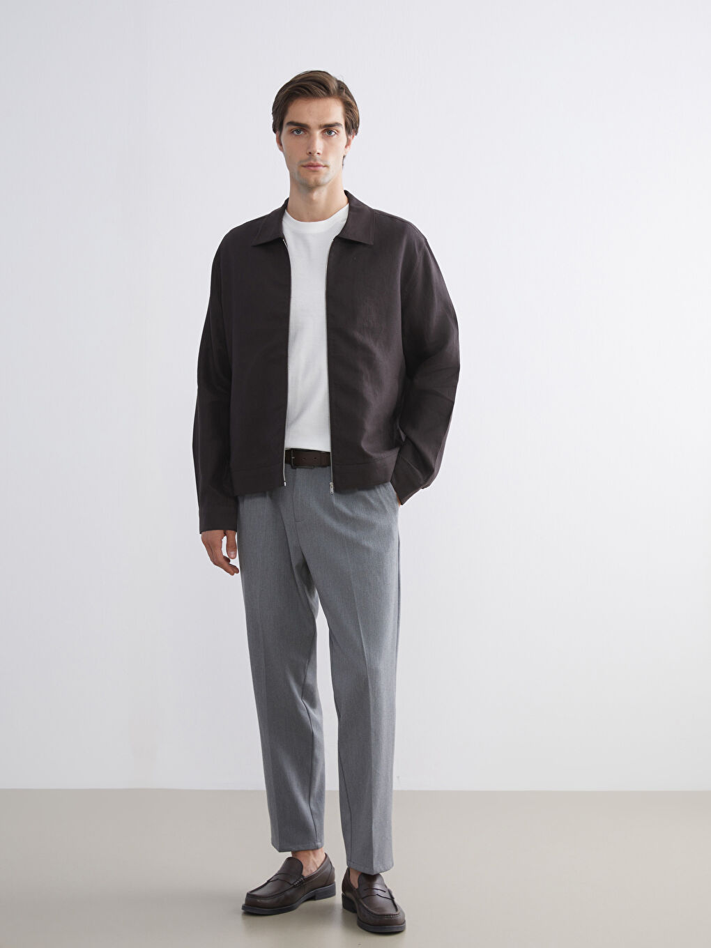 Kahverengi Standart Kalıp Gömlek Yaka %100 Keten Erkek Mont-1