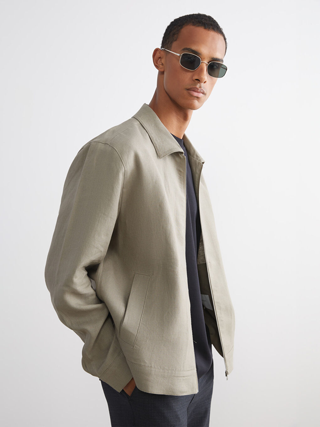 Yeşil Standart Kalıp Gömlek Yaka %100 Keten Erkek Mont-1