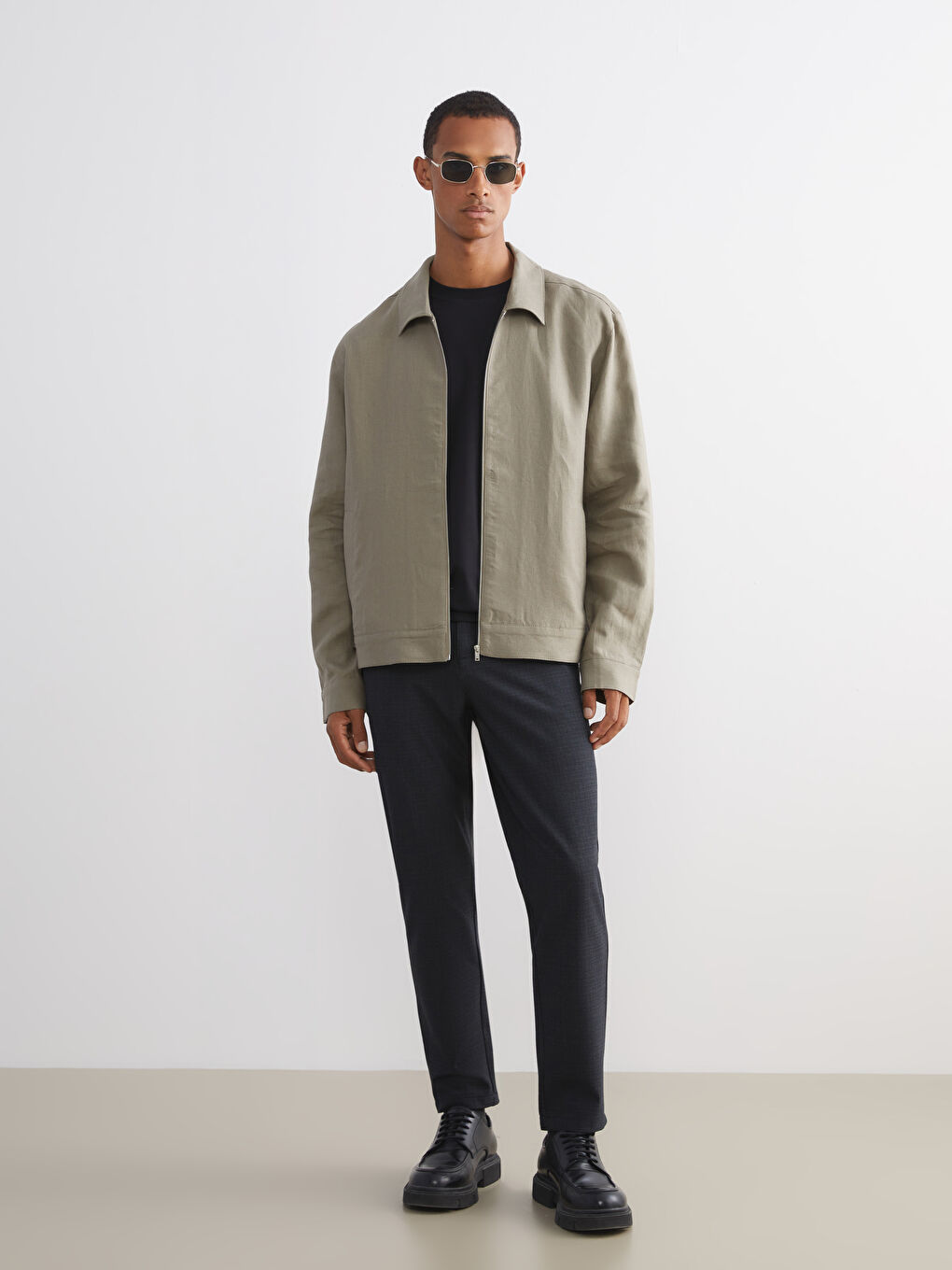 Yeşil Standart Kalıp Gömlek Yaka %100 Keten Erkek Mont-2